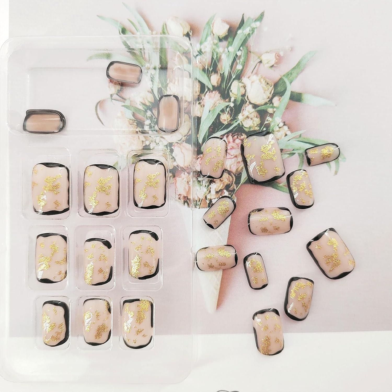 Uñas Postizas Cortas TUZANDW Borde Negro Hoja de Oro 24 Pcs