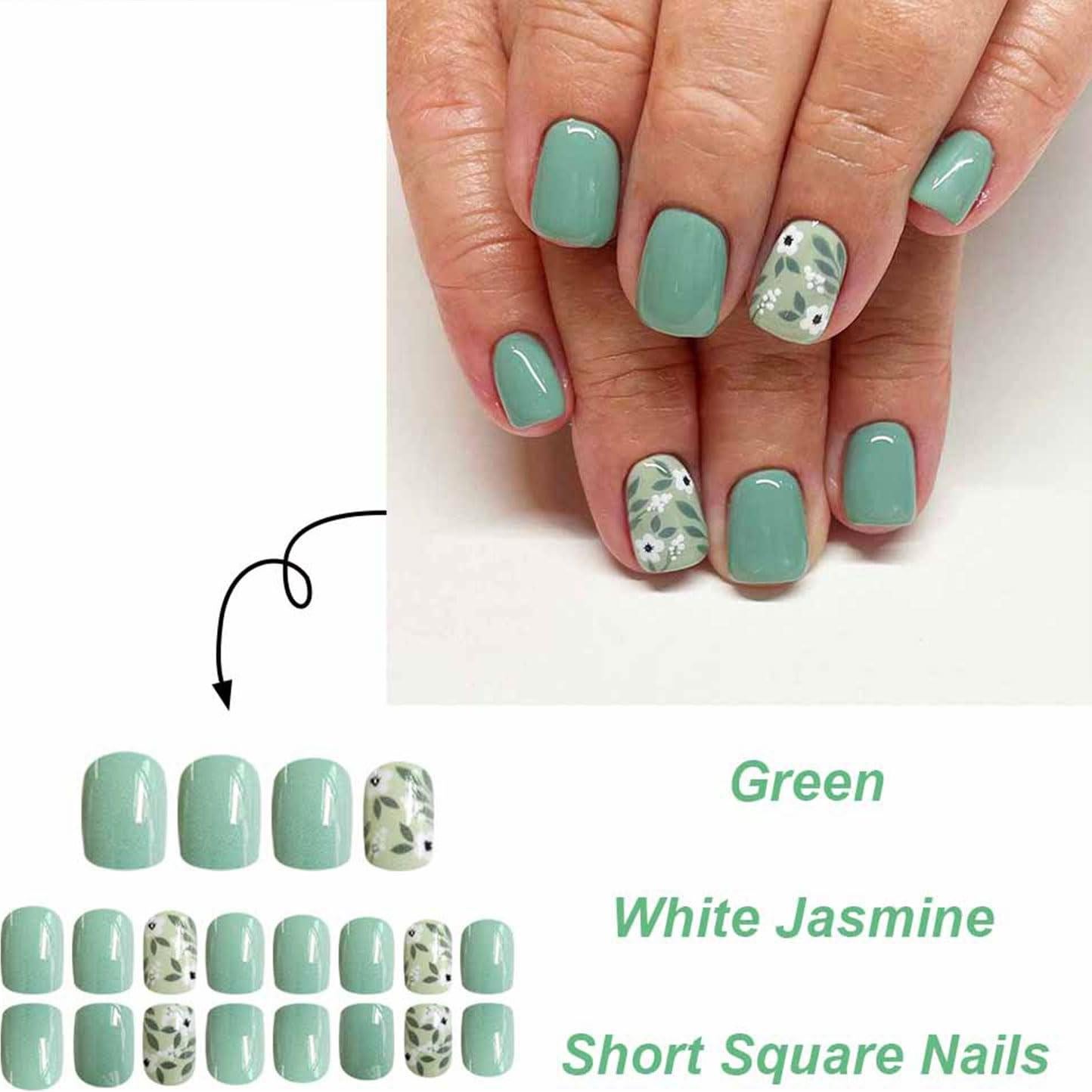 Uñas Postizas Cortas Cuadradas Verdes con Flores 24Pcs