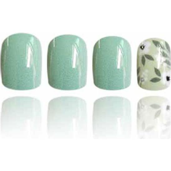 Uñas Postizas Cortas Cuadradas Verdes con Flores 24Pcs