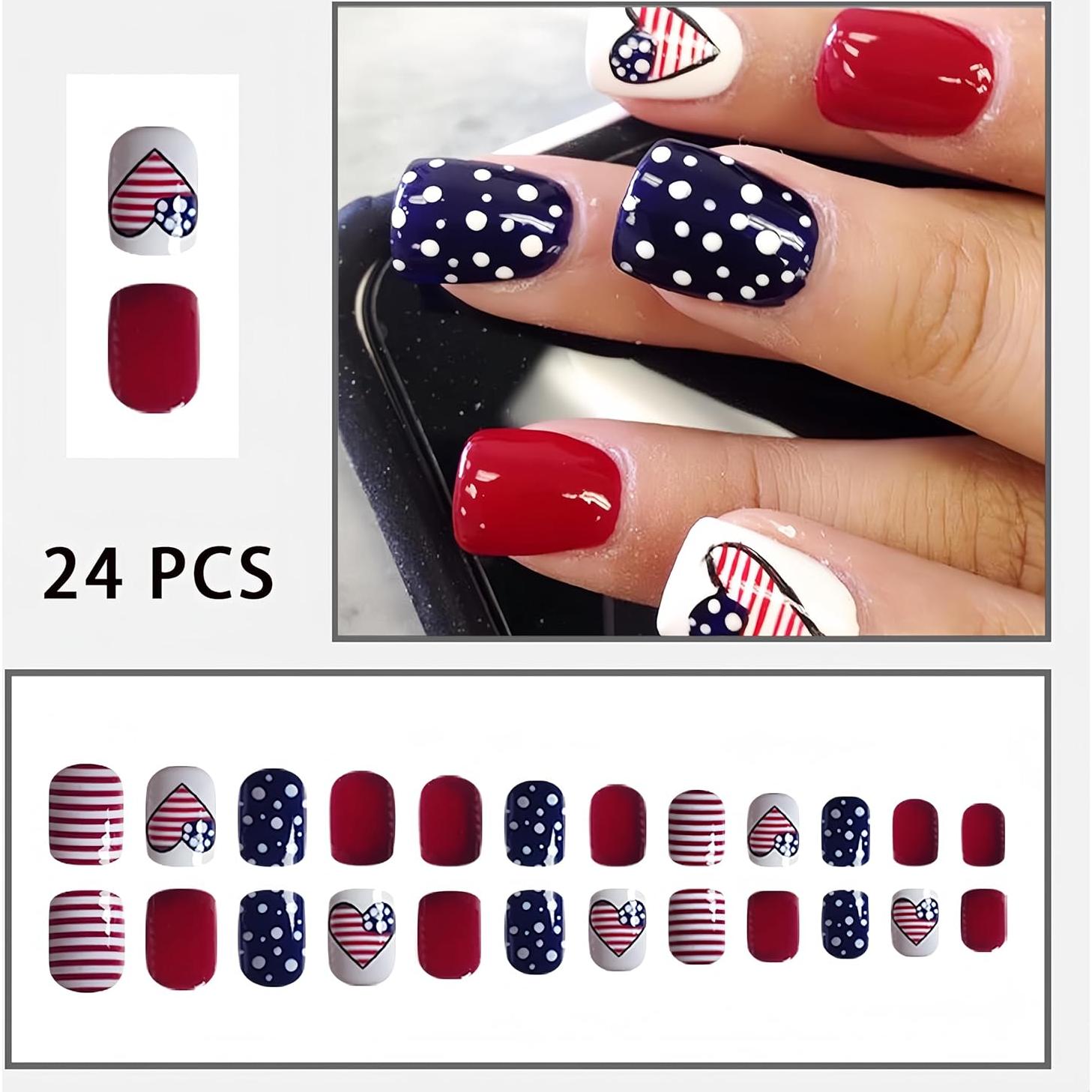 24 Uñas Postizas Patrióticas WEIXIWUYU Cortas con Corazones
