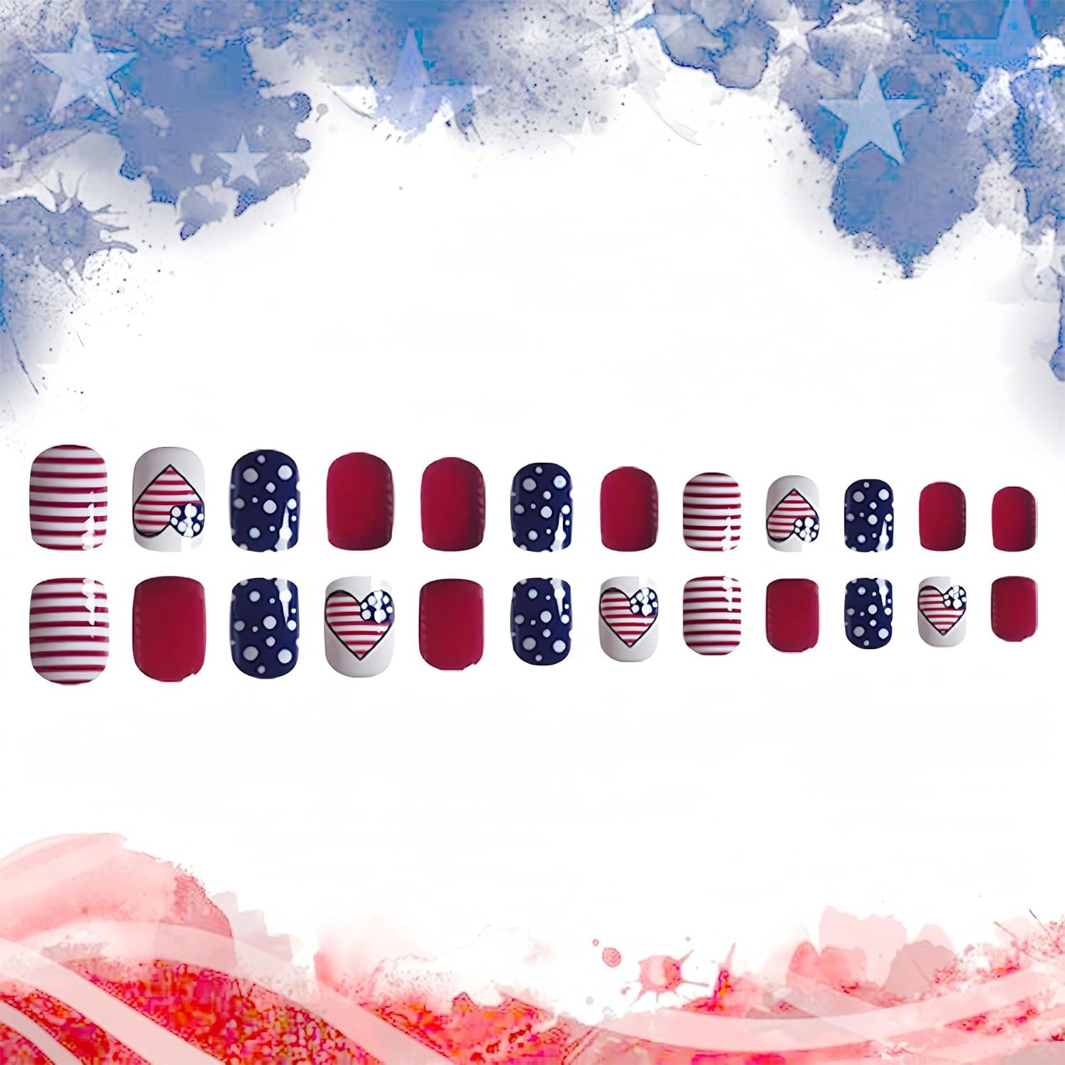 24 Uñas Postizas Patrióticas WEIXIWUYU Cortas con Corazones