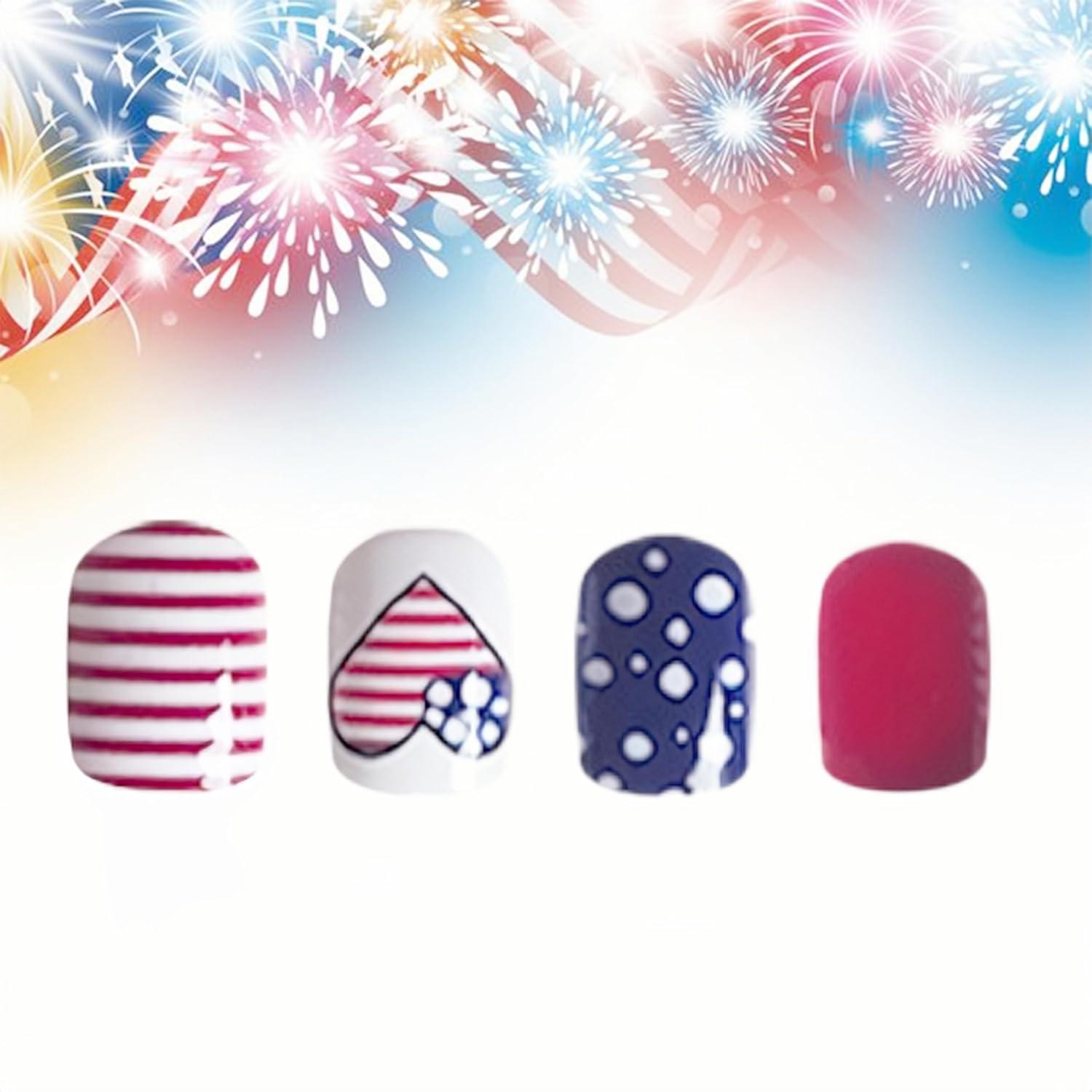 24 Uñas Postizas Patrióticas WEIXIWUYU Cortas con Corazones