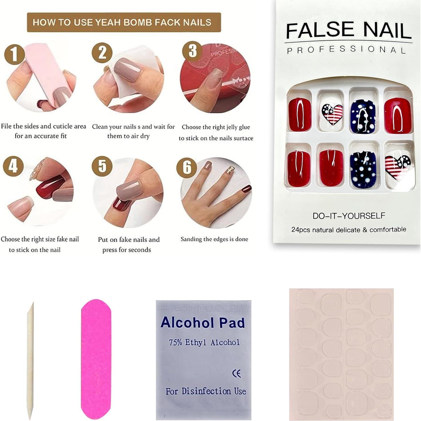 24 Uñas Postizas Patrióticas WEIXIWUYU Cortas con Corazones