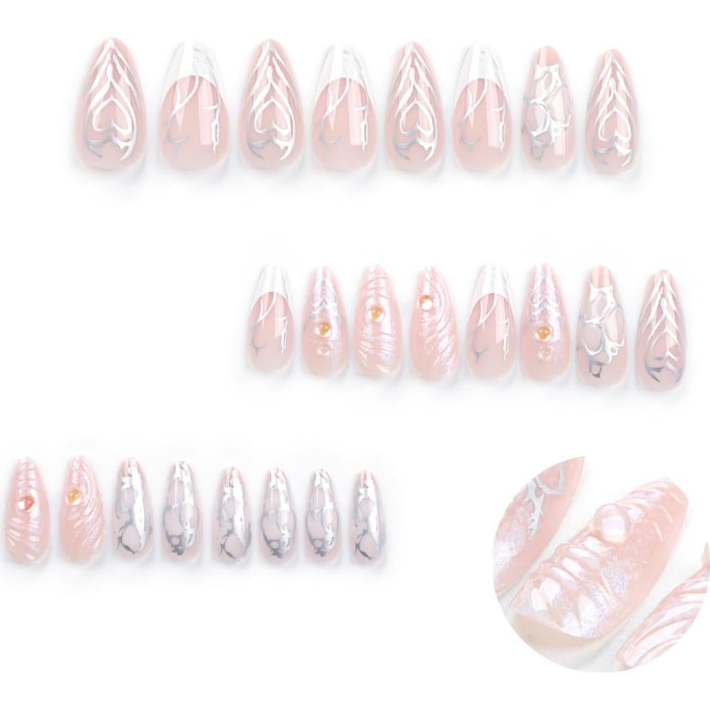 Uñas Postizas Cortas Rosa 3D ANDGING - 24 Pcs Diseño Corazón