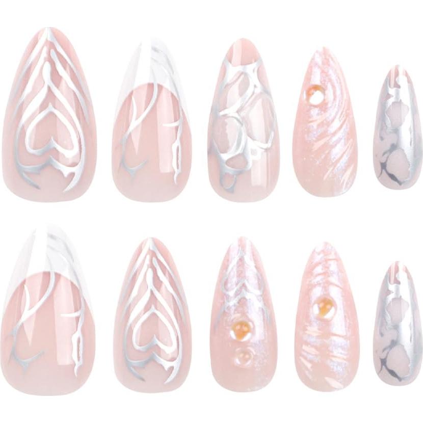 Uñas Postizas Cortas Rosa 3D ANDGING - 24 Pcs Diseño Corazón