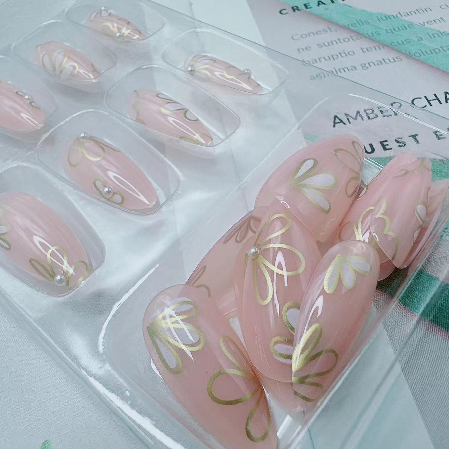 Uñas Postizas de Almendra BSBTBZ 24Pcs con Diseño Floral