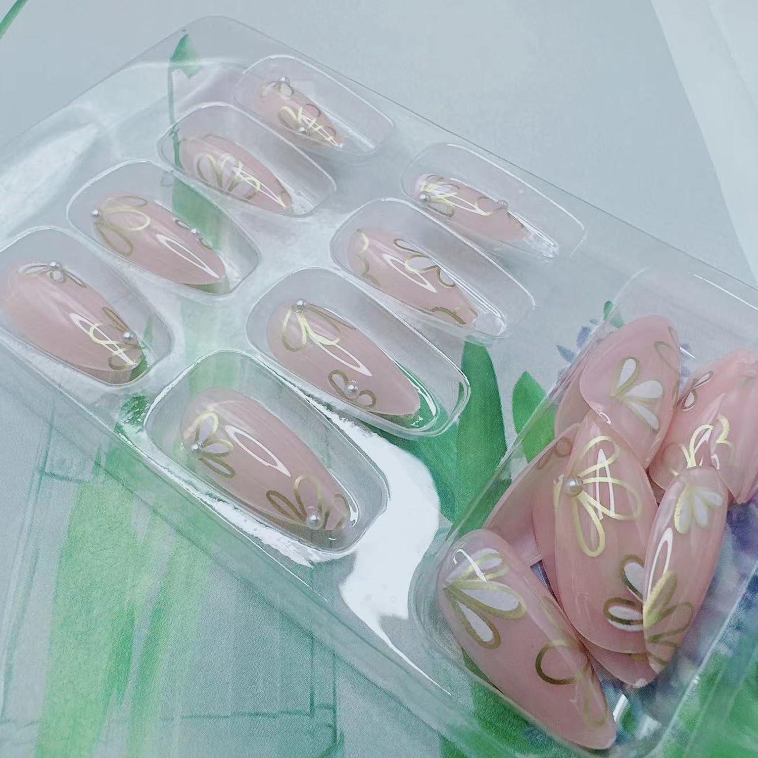 Uñas Postizas de Almendra BSBTBZ 24Pcs con Diseño Floral