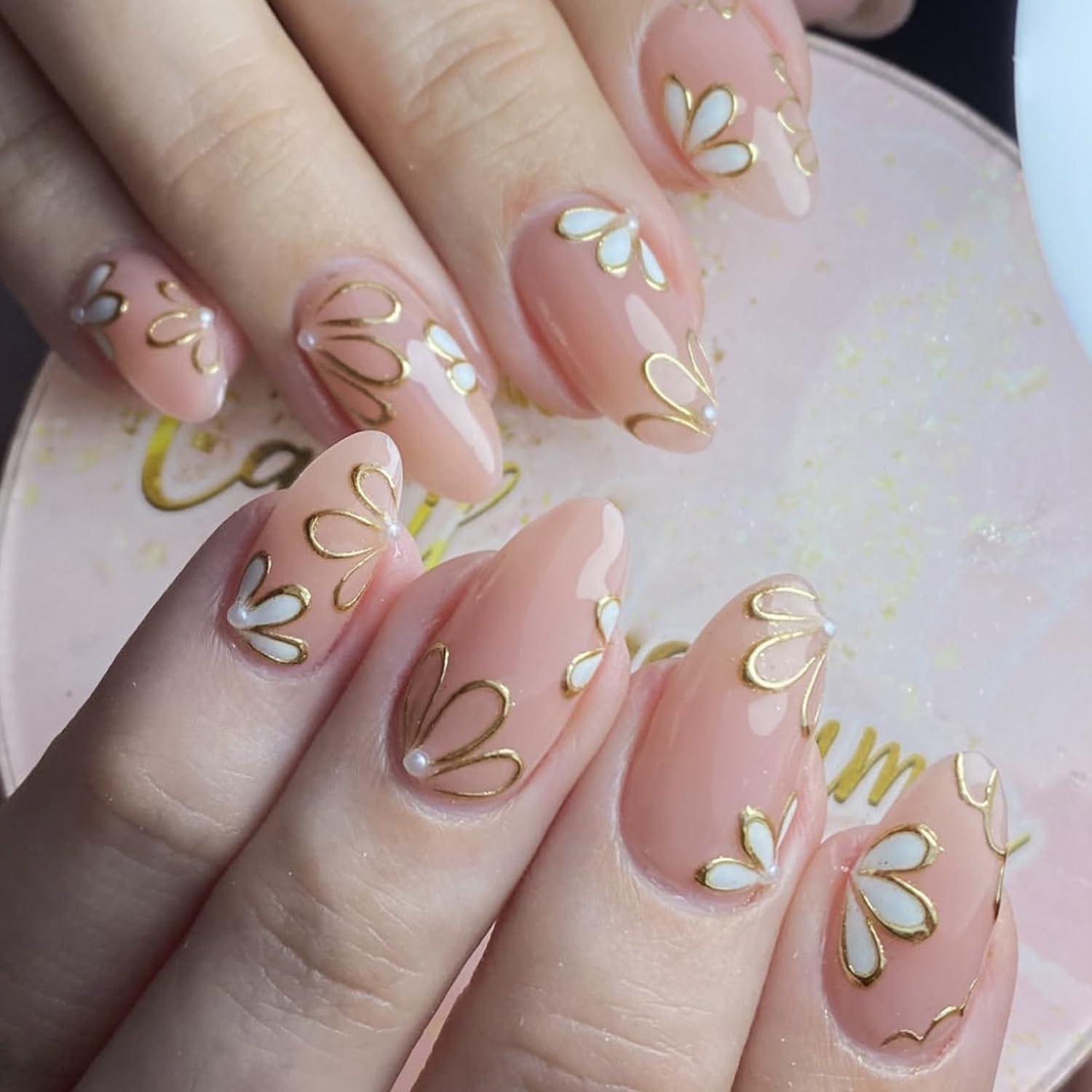 Uñas Postizas de Almendra BSBTBZ 24Pcs con Diseño Floral