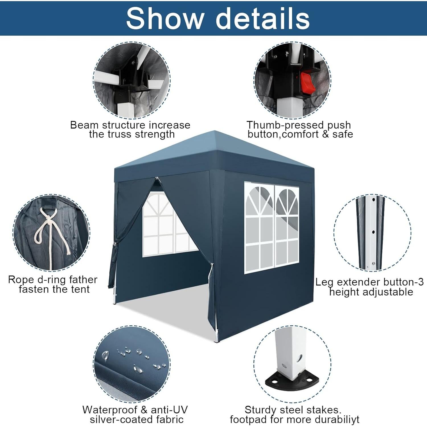 Carpa Pop Up 2x2m ANT SKU Azul Impermeable con Paredes Laterales