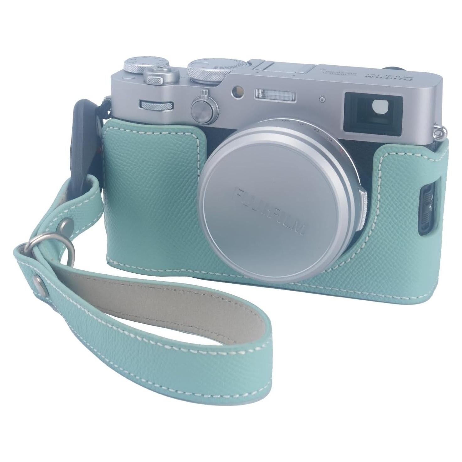 Funda de cámara Bowan X100VI de cuero verde menta con correa