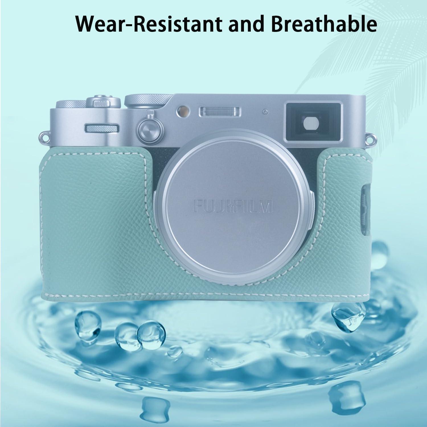 Funda de cámara Bowan X100VI de cuero verde menta con correa