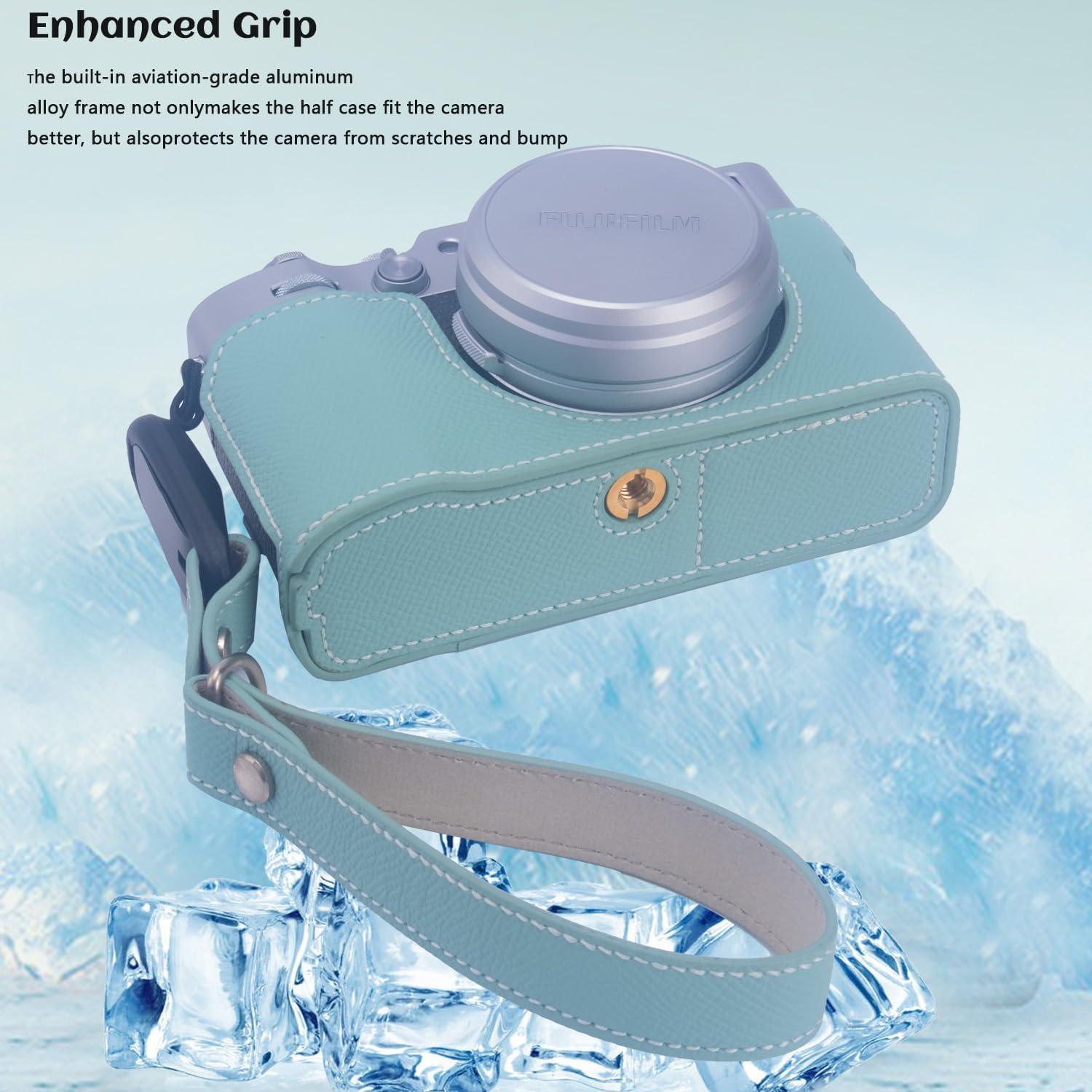 Funda de cámara Bowan X100VI de cuero verde menta con correa