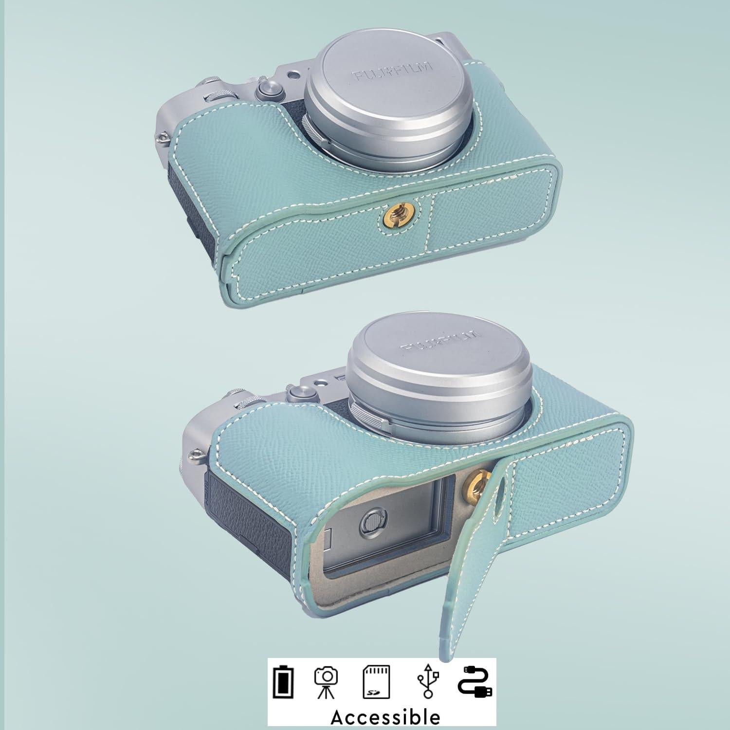 Funda de cámara Bowan X100VI de cuero verde menta con correa