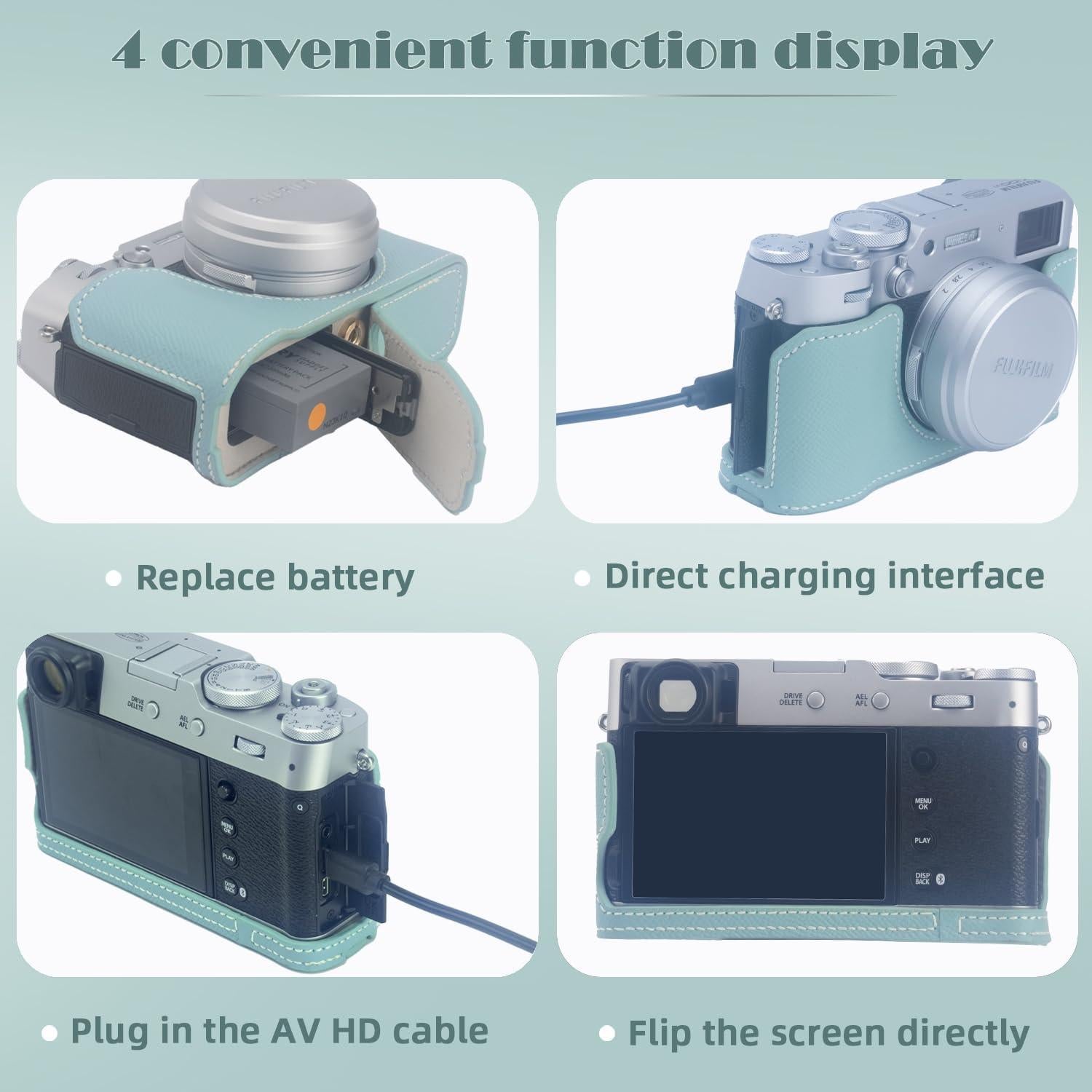 Funda de cámara Bowan X100VI de cuero verde menta con correa