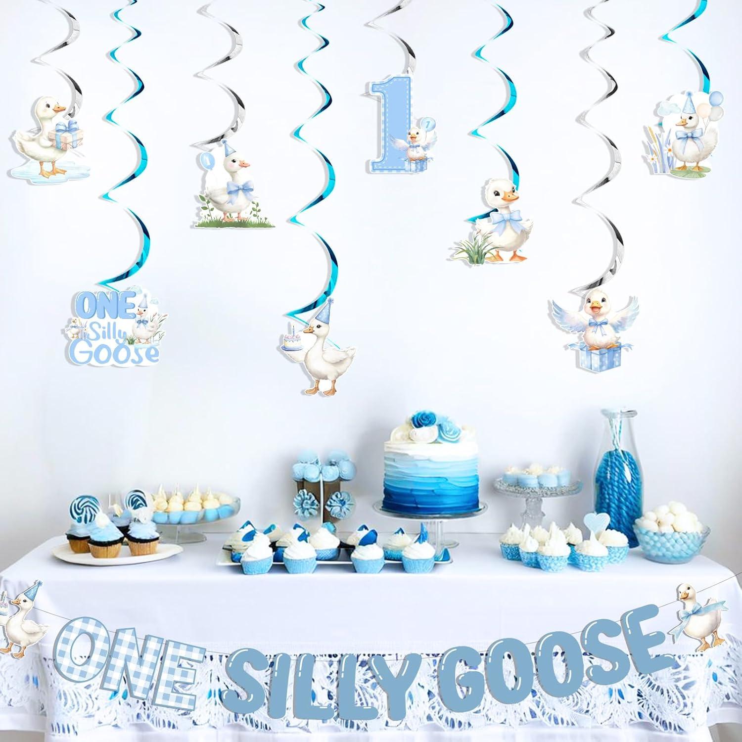 Decoración de Cumpleaños Oca Tonta Azul - Banderín y Espirales