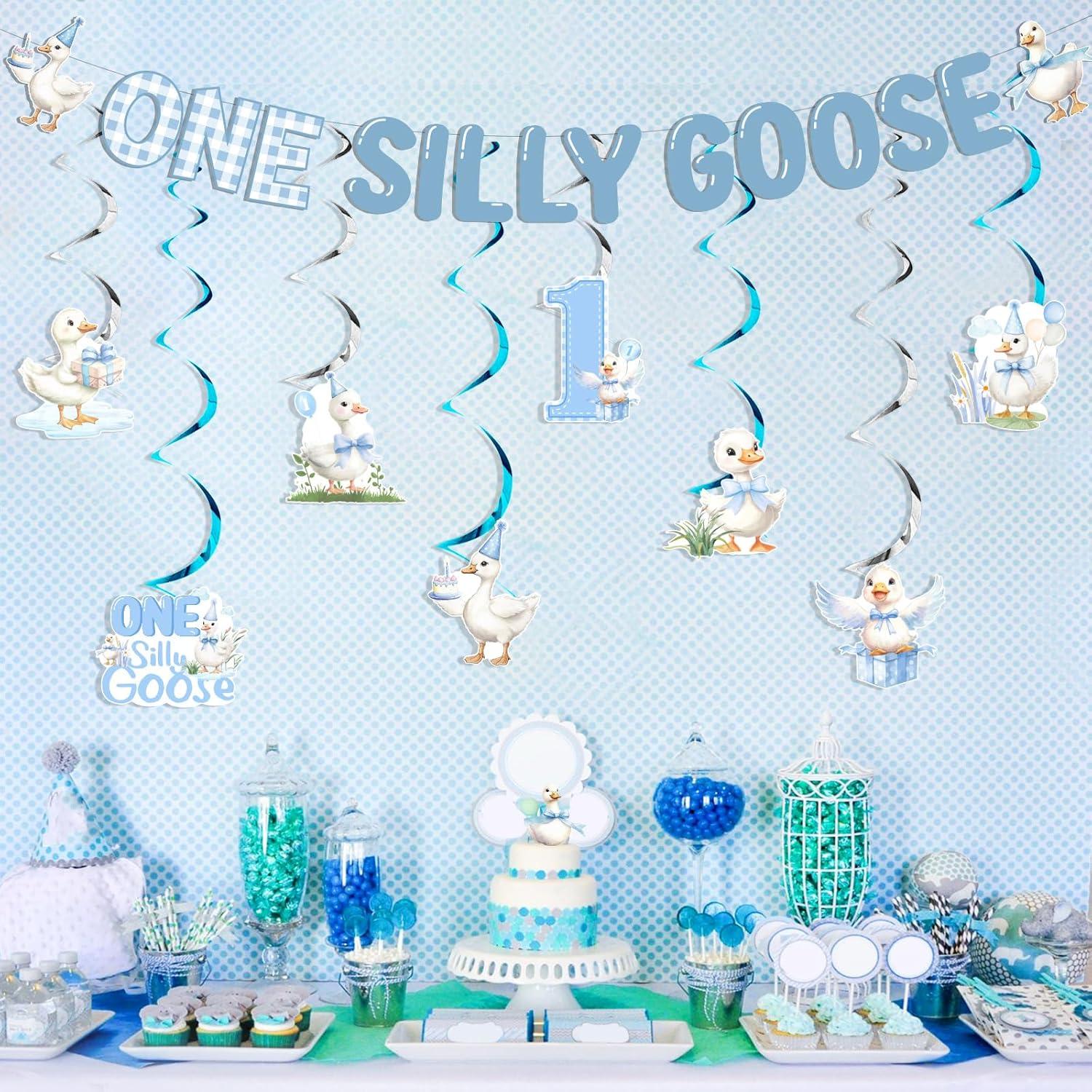 Decoración de Cumpleaños Oca Tonta Azul - Banderín y Espirales