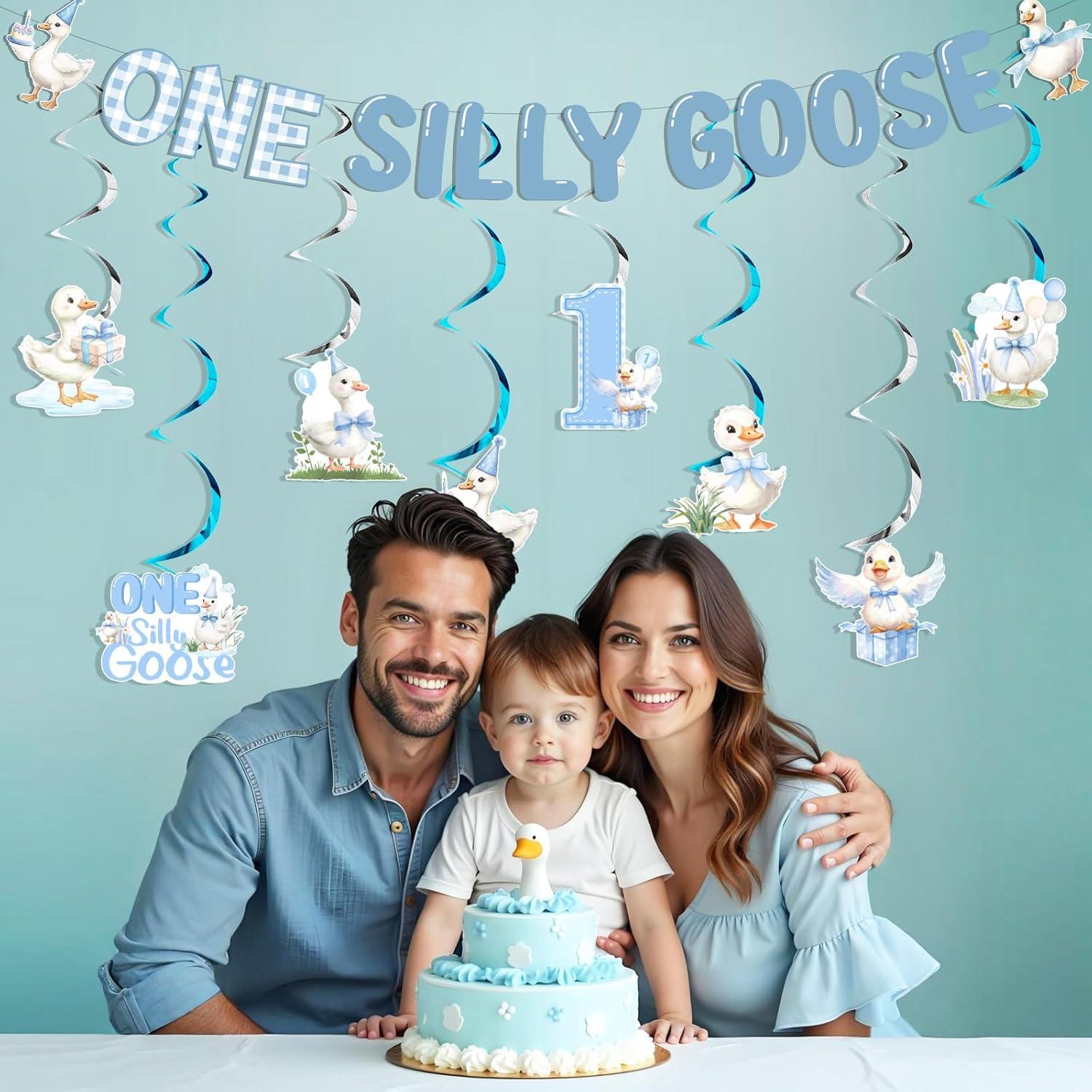 Decoración de Cumpleaños Oca Tonta Azul - Banderín y Espirales