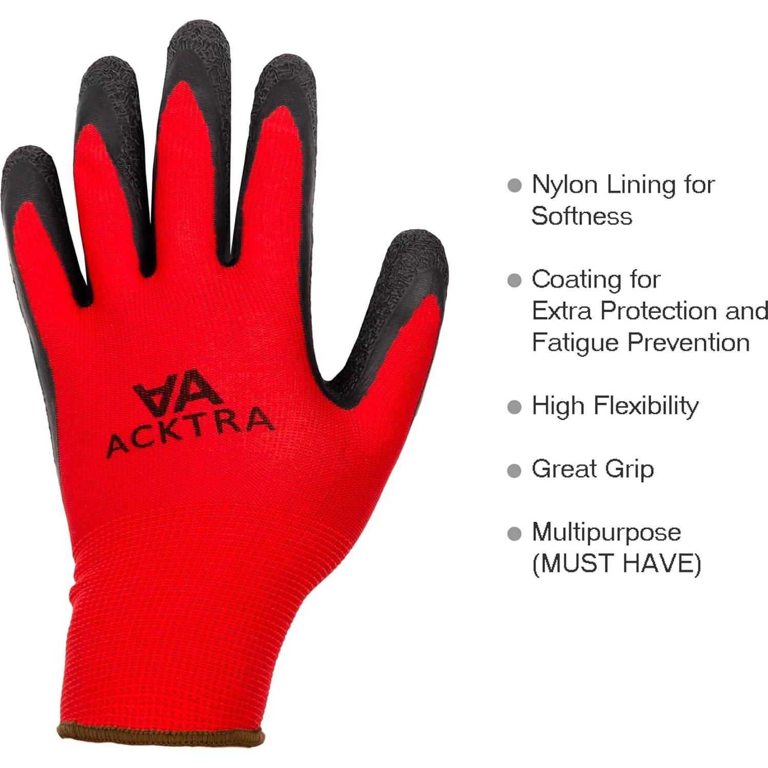 Guantes de Trabajo Acktra Medianos 12 Pares Nylon Rojo