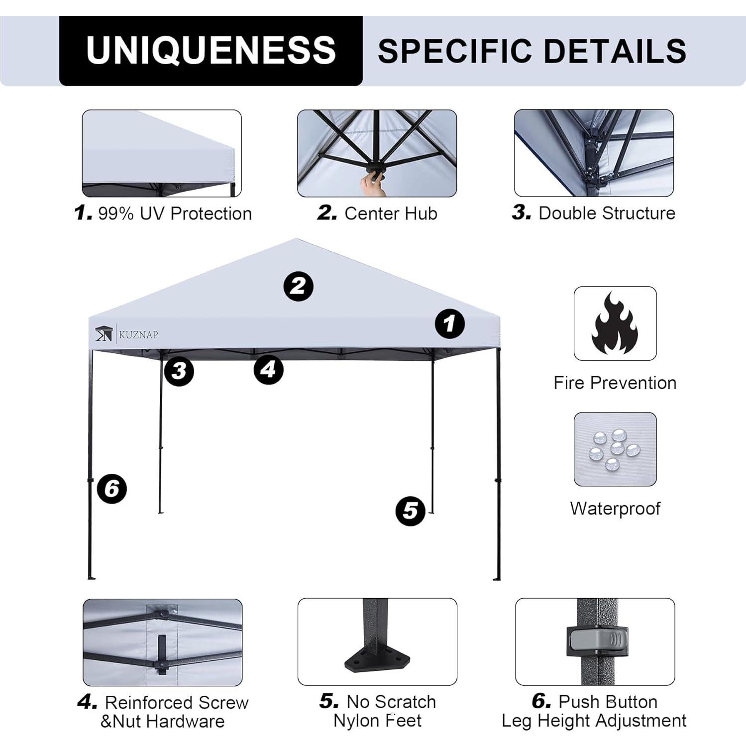 Carpa Plegable 12x12 KUZNAP Blanca Impermeable con Accesorios