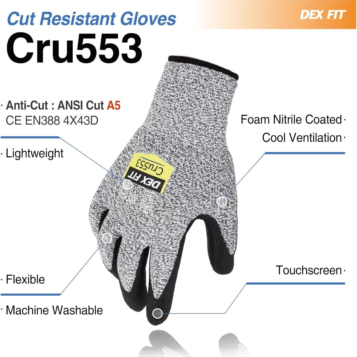 Guantes Resistentes a Cortes DEX FIT Cru553 - Ajuste 3D, Gris L