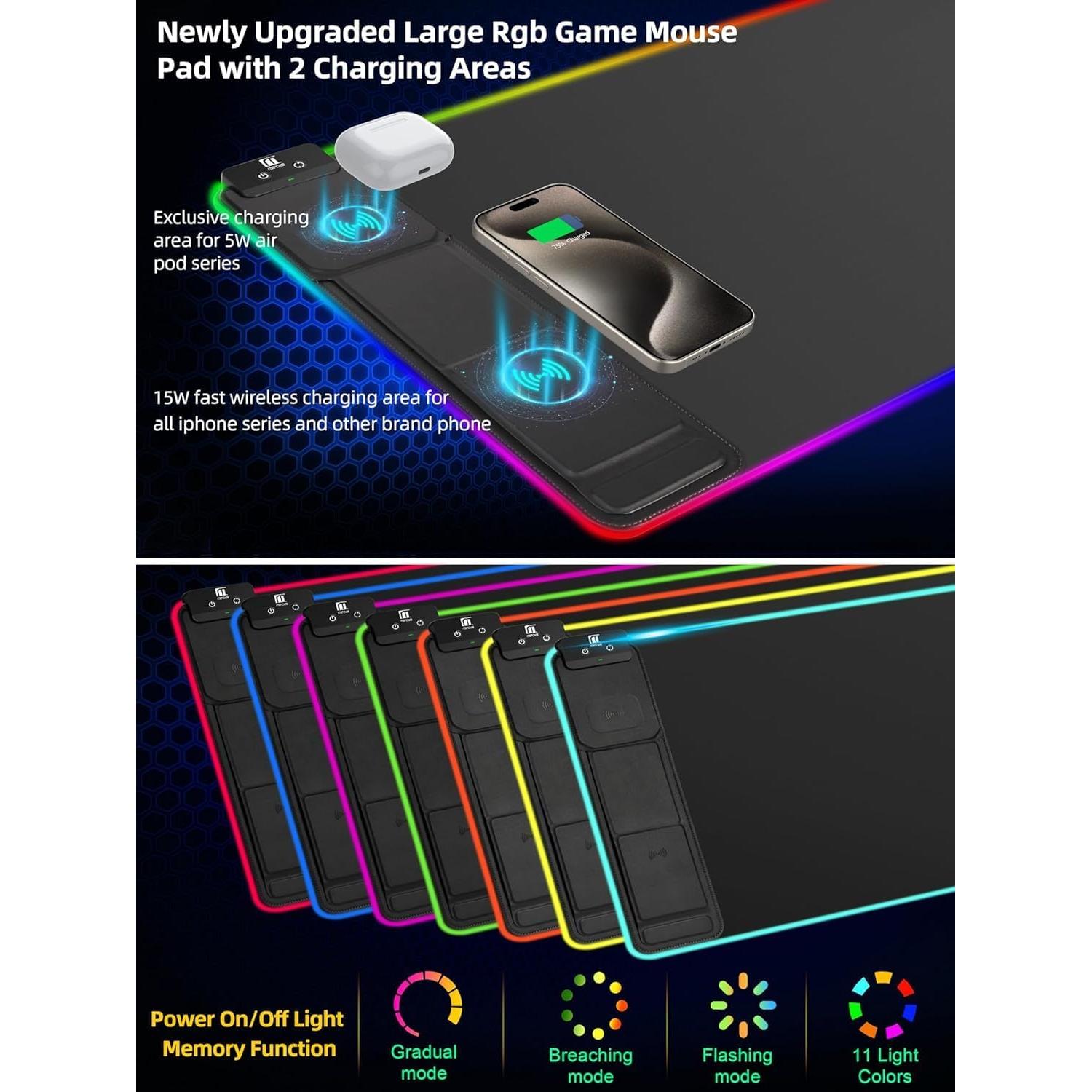 Alfombrilla de Ratón XXL Miroddi con Carga Rápida 15W RGB