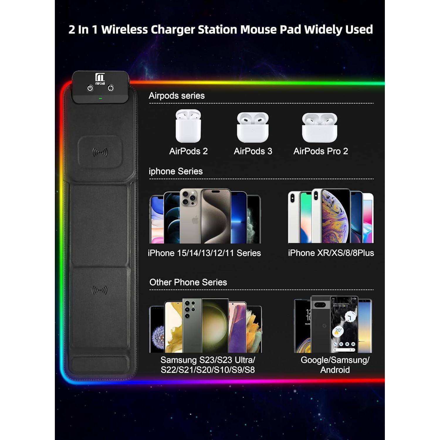 Alfombrilla de Ratón XXL Miroddi con Carga Rápida 15W RGB