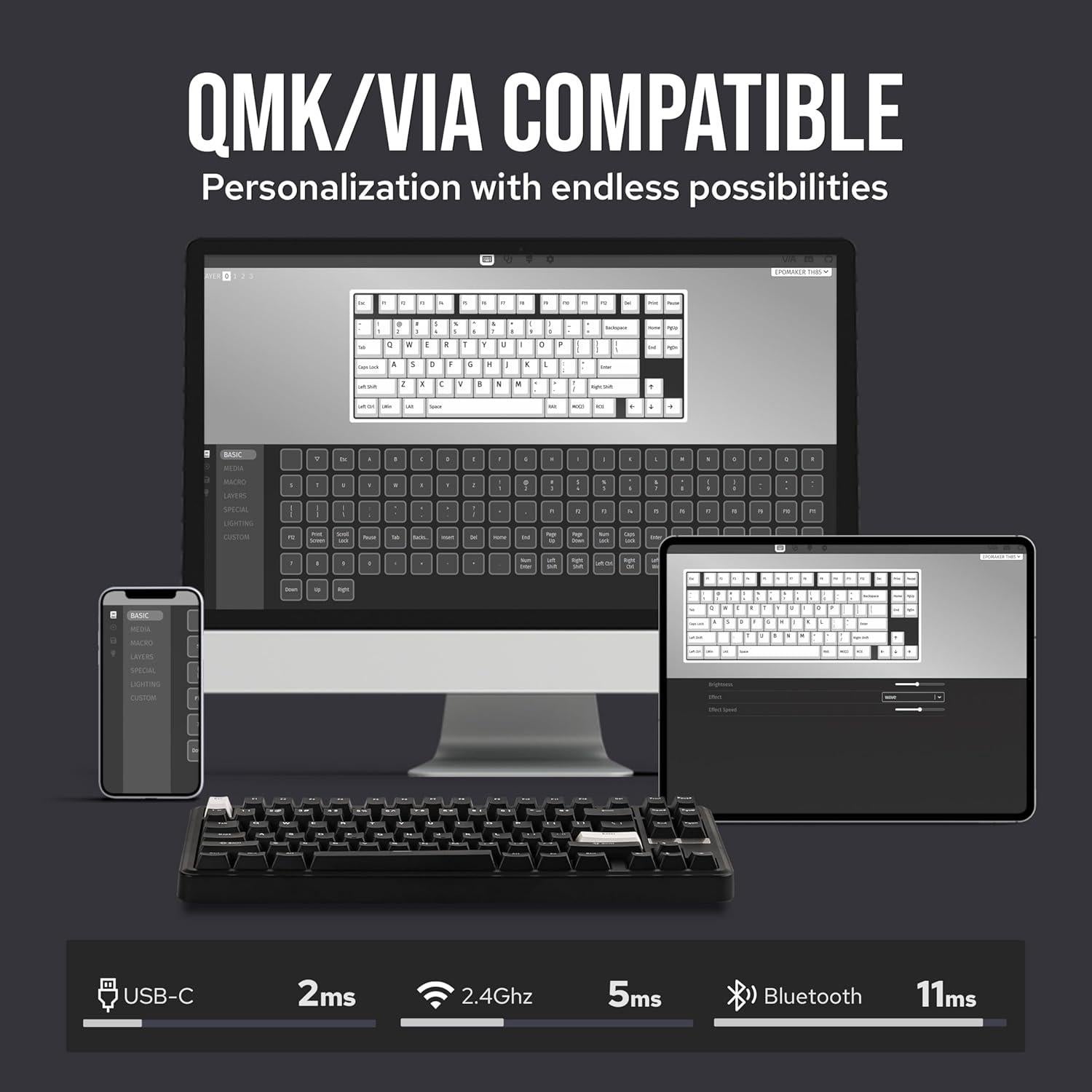 Teclado Mecánico Inalámbrico EPOMAKER TH85 QMK/VIA RGB 75%