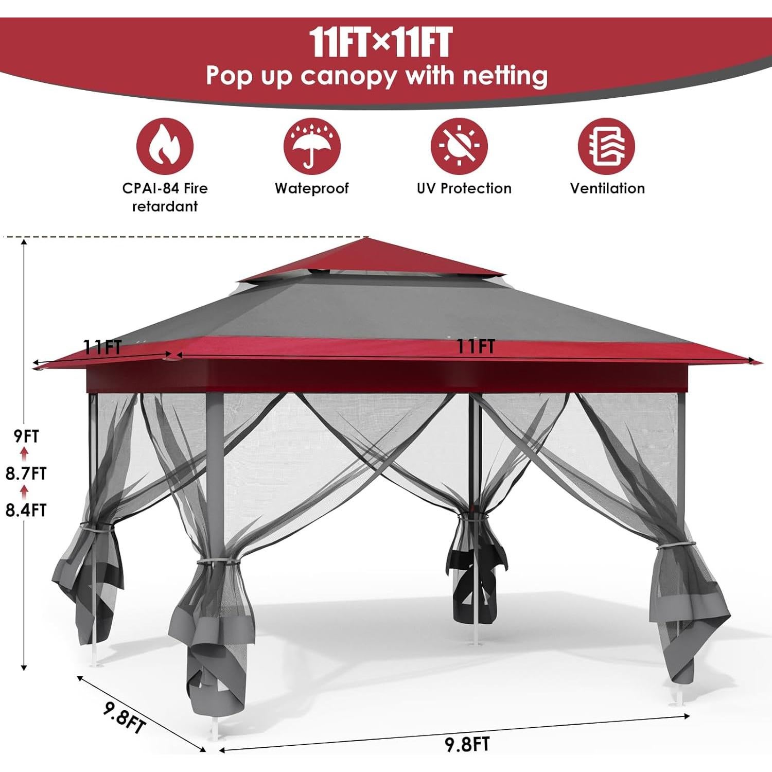 Arlopu Pop Up Gazebo Tent, Outdoor Instant Canopy, Easy Set-up Folding Shelter with Netting, Metal Frame, Screened House Shade Vented for Patio, Lawn, Party, Backyard, Garden (Burgundy, 11FT×11FT)