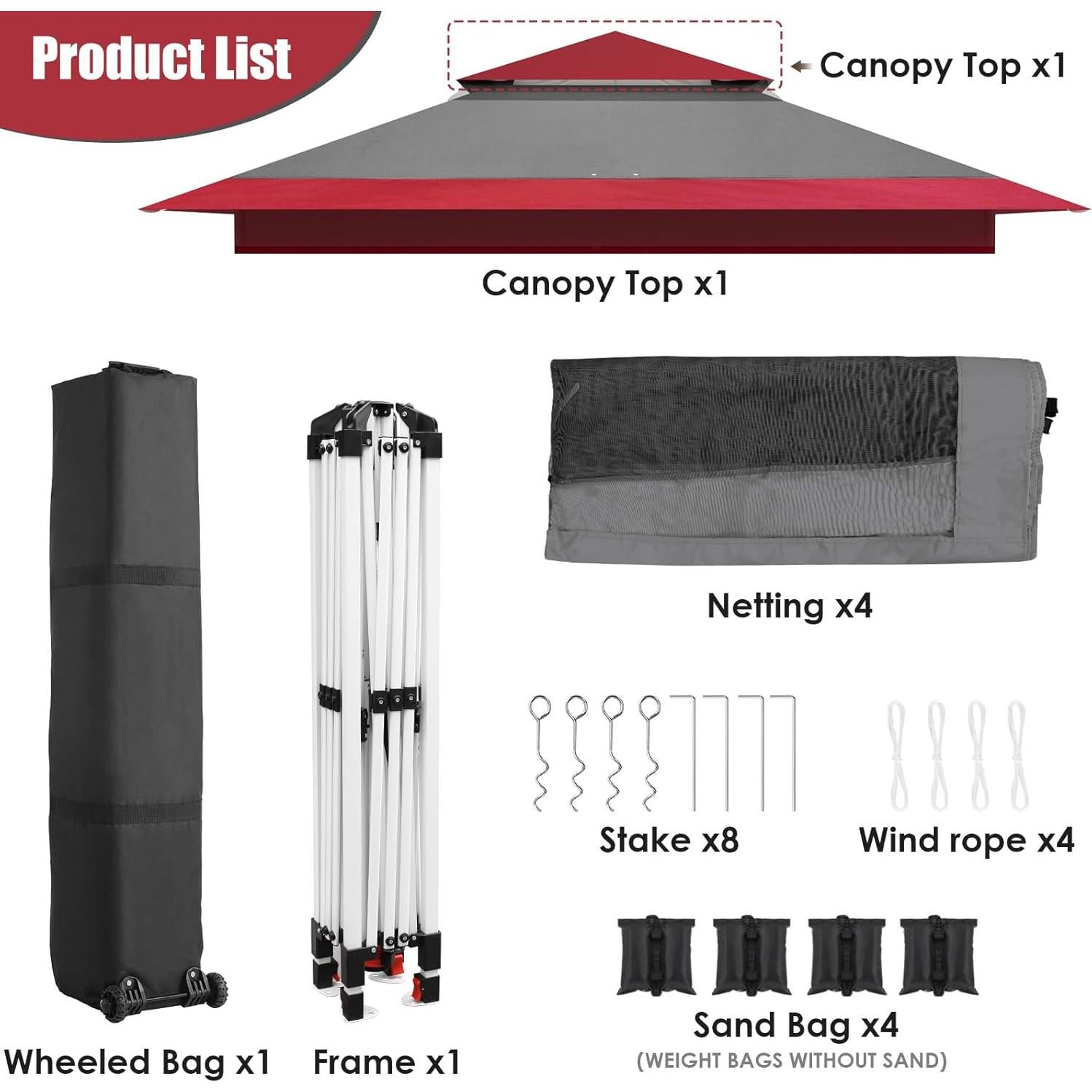 Arlopu Pop Up Gazebo Tent, Outdoor Instant Canopy, Easy Set-up Folding Shelter with Netting, Metal Frame, Screened House Shade Vented for Patio, Lawn, Party, Backyard, Garden (Burgundy, 11FT×11FT)