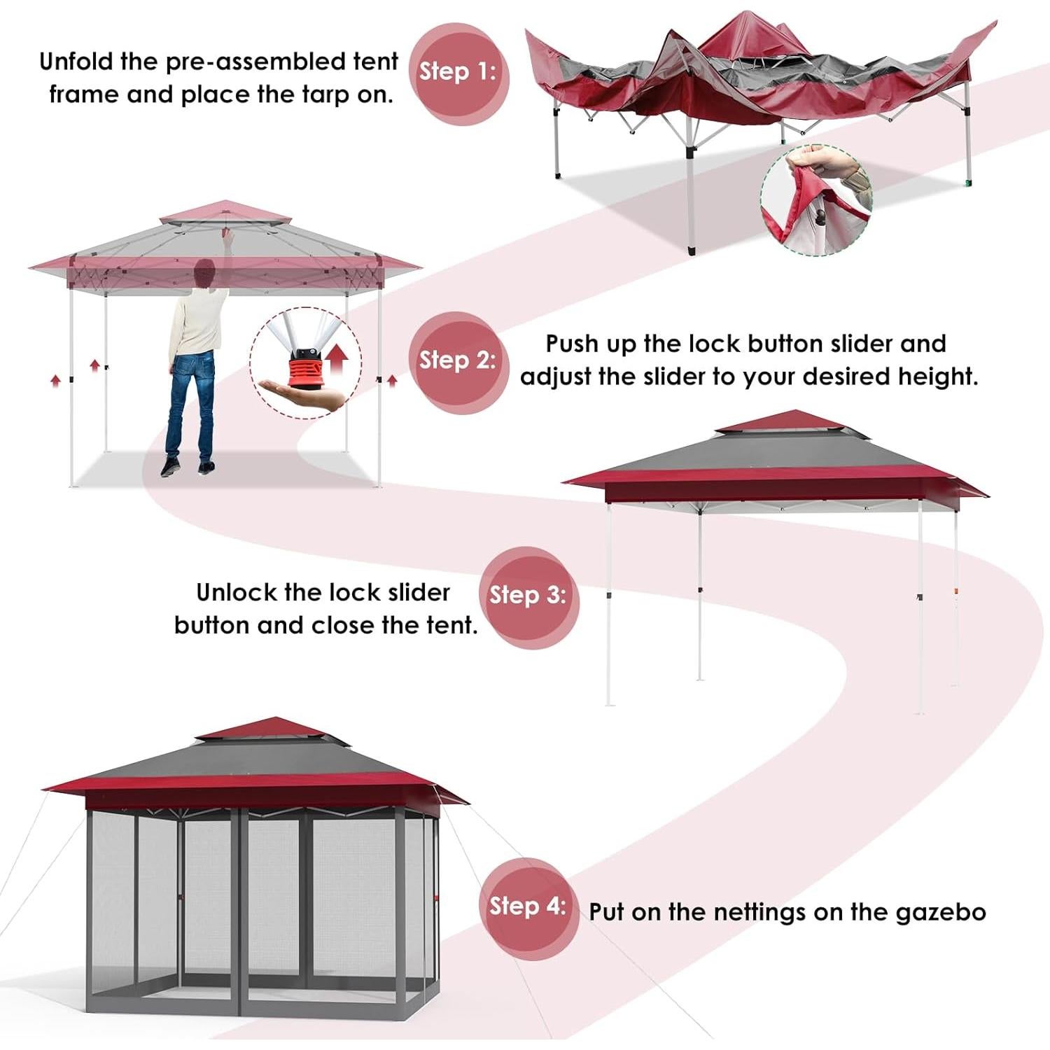 Arlopu Pop Up Gazebo Tent, Outdoor Instant Canopy, Easy Set-up Folding Shelter with Netting, Metal Frame, Screened House Shade Vented for Patio, Lawn, Party, Backyard, Garden (Burgundy, 11FT×11FT)