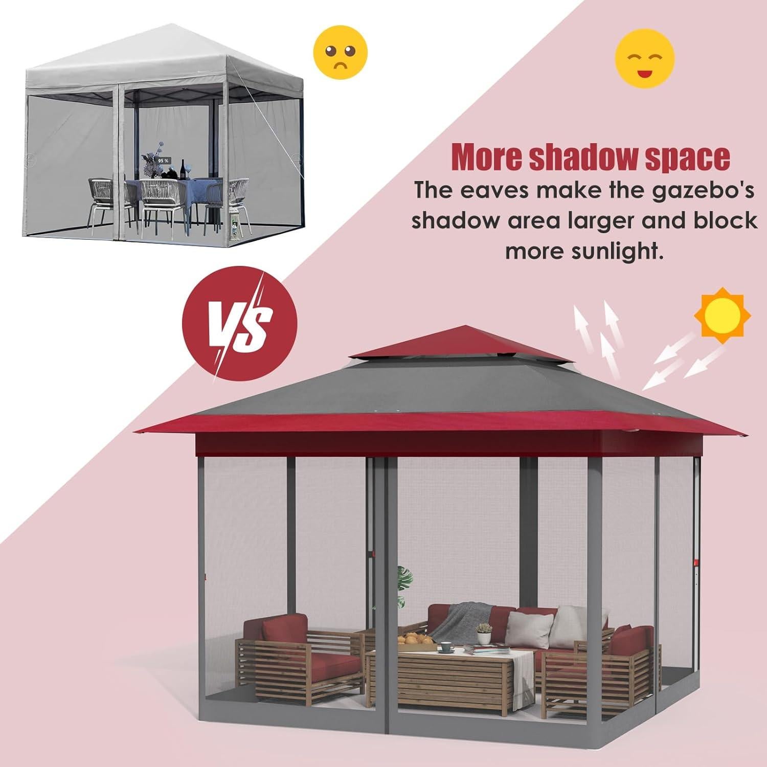 Arlopu Pop Up Gazebo Tent, Outdoor Instant Canopy, Easy Set-up Folding Shelter with Netting, Metal Frame, Screened House Shade Vented for Patio, Lawn, Party, Backyard, Garden (Burgundy, 11FT×11FT)