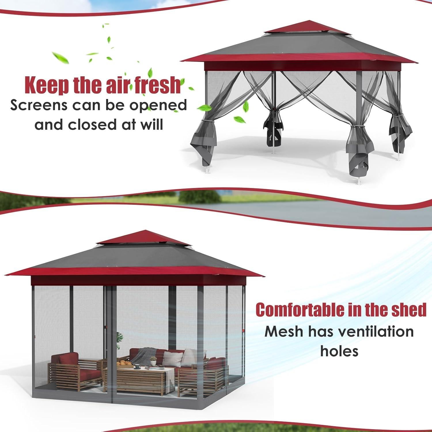Arlopu Pop Up Gazebo Tent, Outdoor Instant Canopy, Easy Set-up Folding Shelter with Netting, Metal Frame, Screened House Shade Vented for Patio, Lawn, Party, Backyard, Garden (Burgundy, 11FT×11FT)