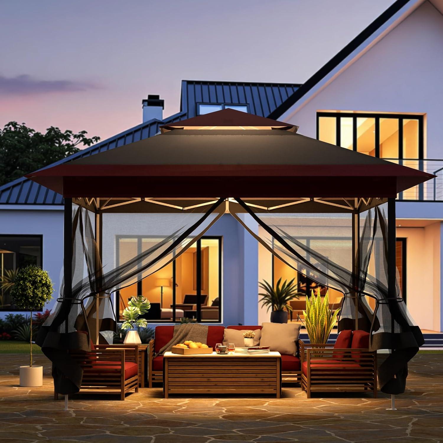 Arlopu Pop Up Gazebo Tent, Outdoor Instant Canopy, Easy Set-up Folding Shelter with Netting, Metal Frame, Screened House Shade Vented for Patio, Lawn, Party, Backyard, Garden (Burgundy, 11FT×11FT)