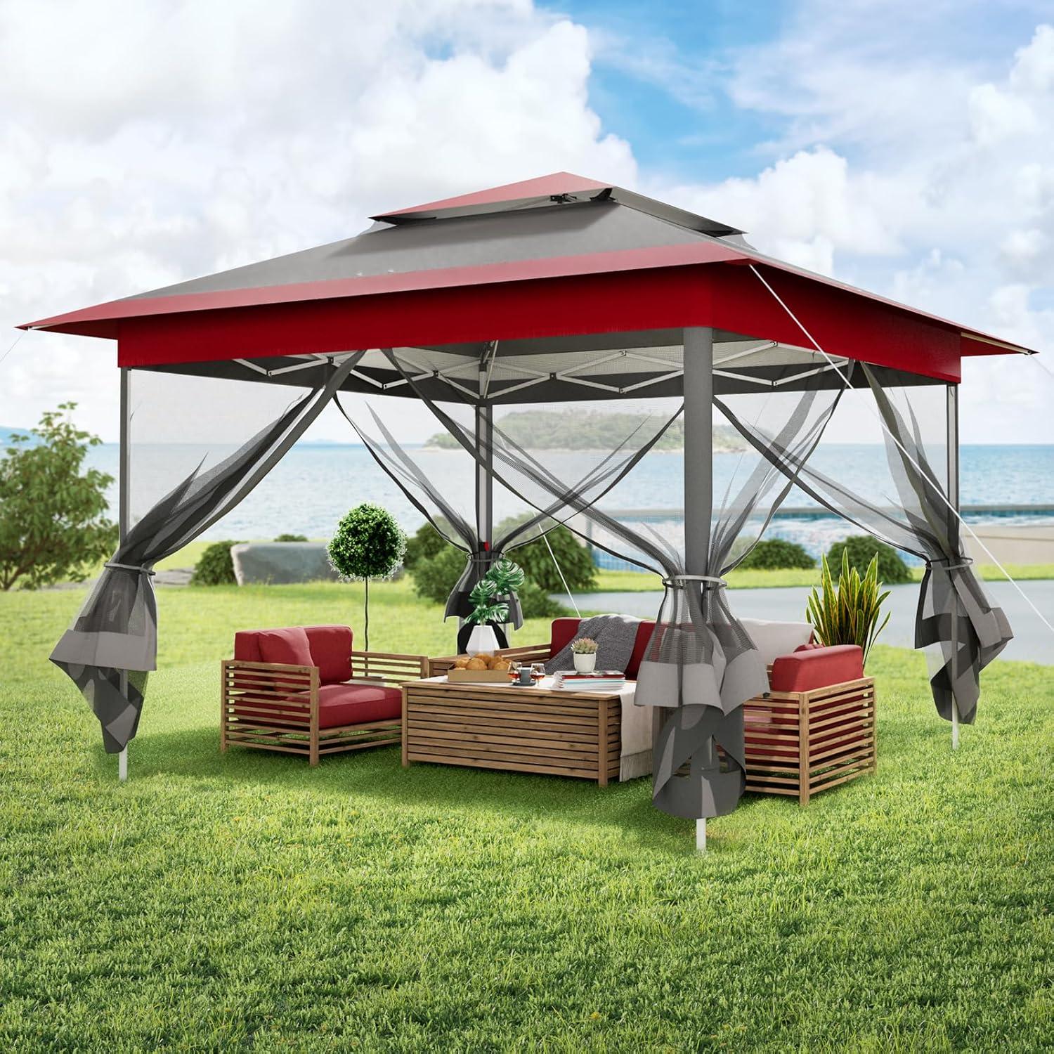 Arlopu Pop Up Gazebo Tent, Outdoor Instant Canopy, Easy Set-up Folding Shelter with Netting, Metal Frame, Screened House Shade Vented for Patio, Lawn, Party, Backyard, Garden (Burgundy, 11FT×11FT)
