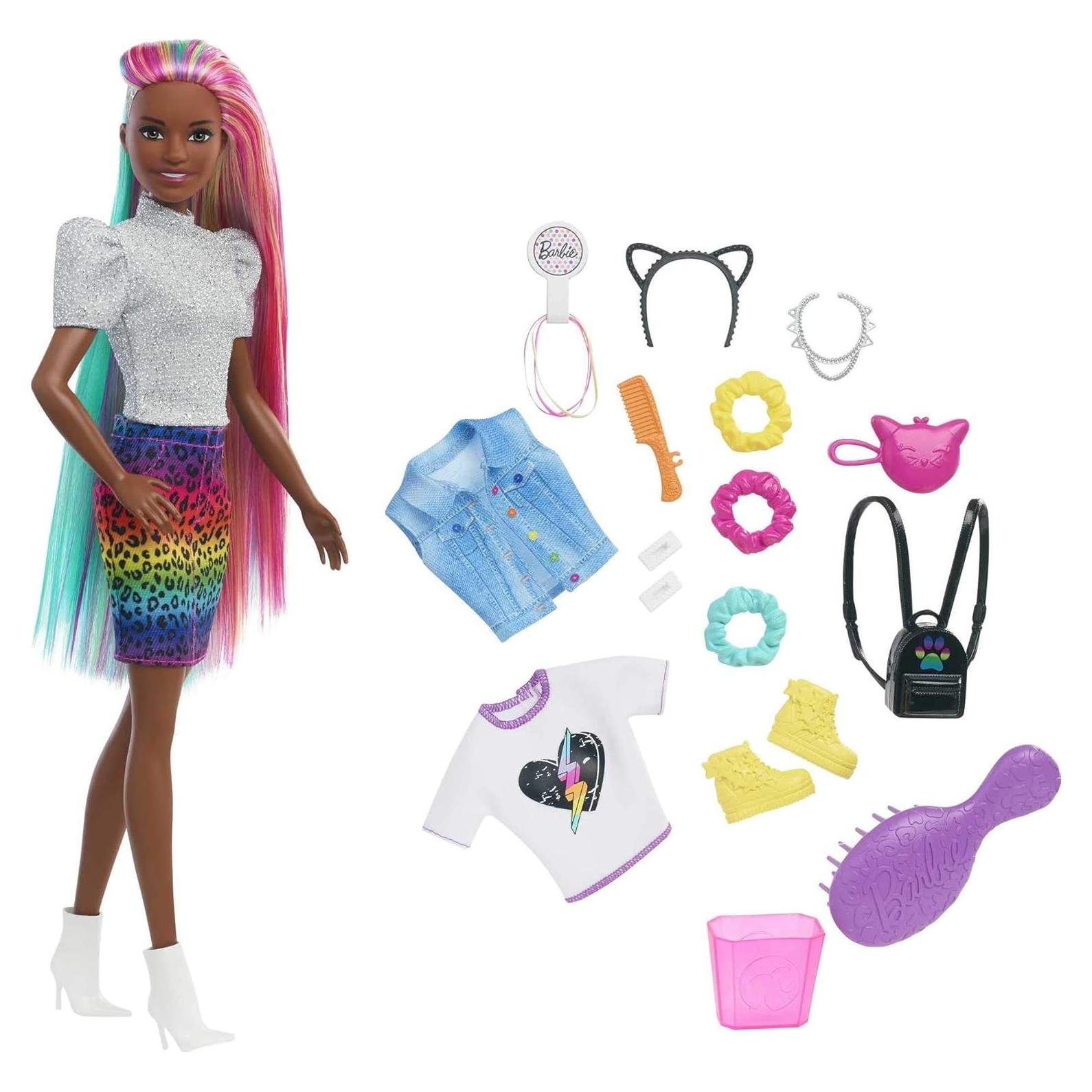 Muñeca Barbie Leopardo Pelo Arcoíris Mattel 30.4 cm con Accesorios