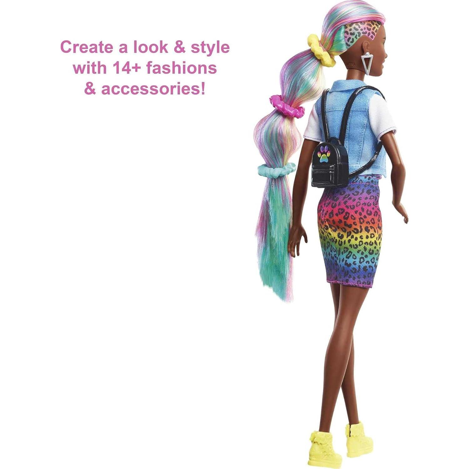 Muñeca Barbie Leopardo Pelo Arcoíris Mattel 30.4 cm con Accesorios