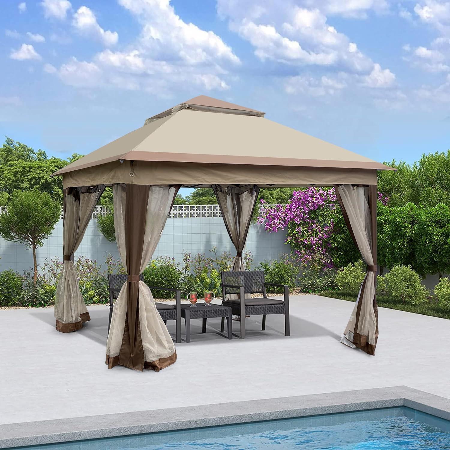 Gazebo Pop Up YJSPSSW 3.35x3.35m con Malla Desmontable Café