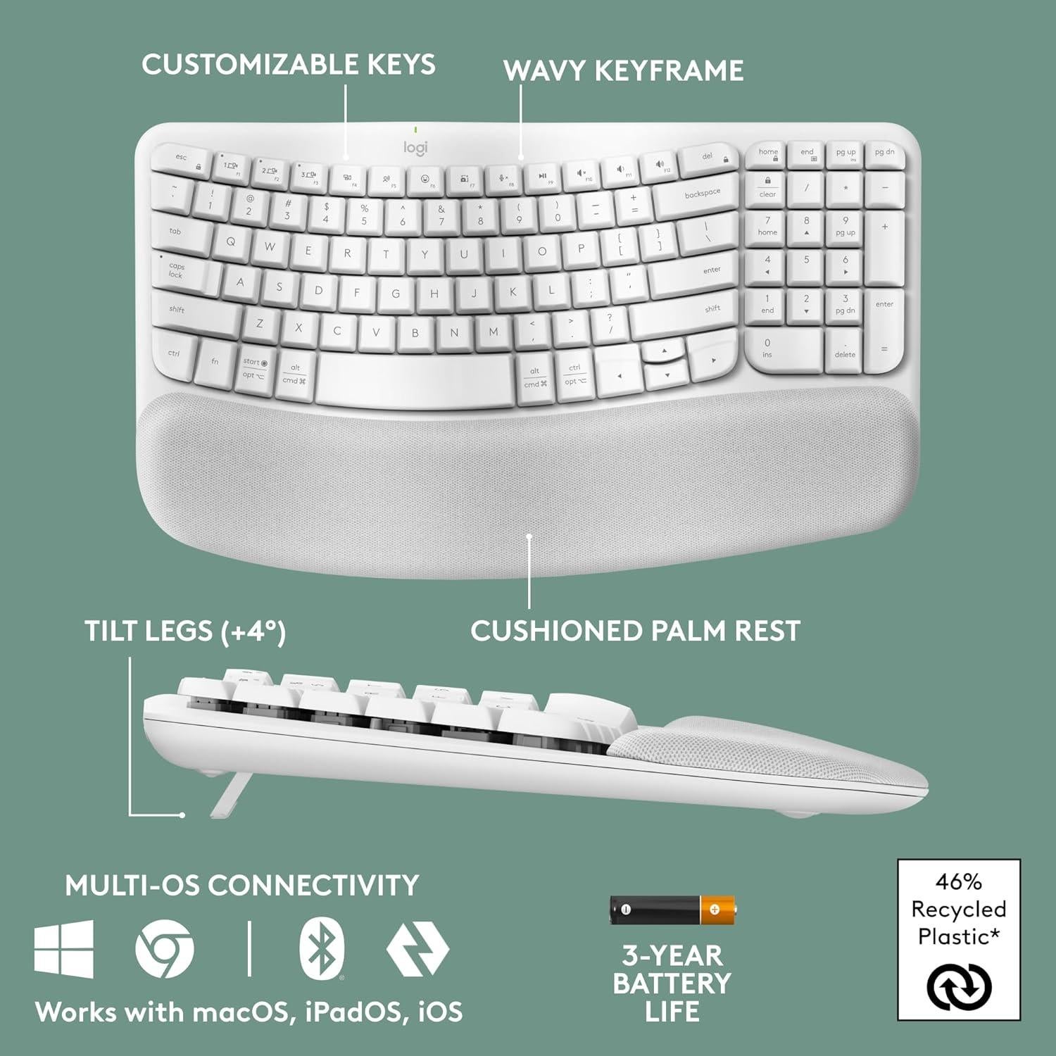 Teclado Ergonómico Inalámbrico Logitech Wave Keys - Blanco