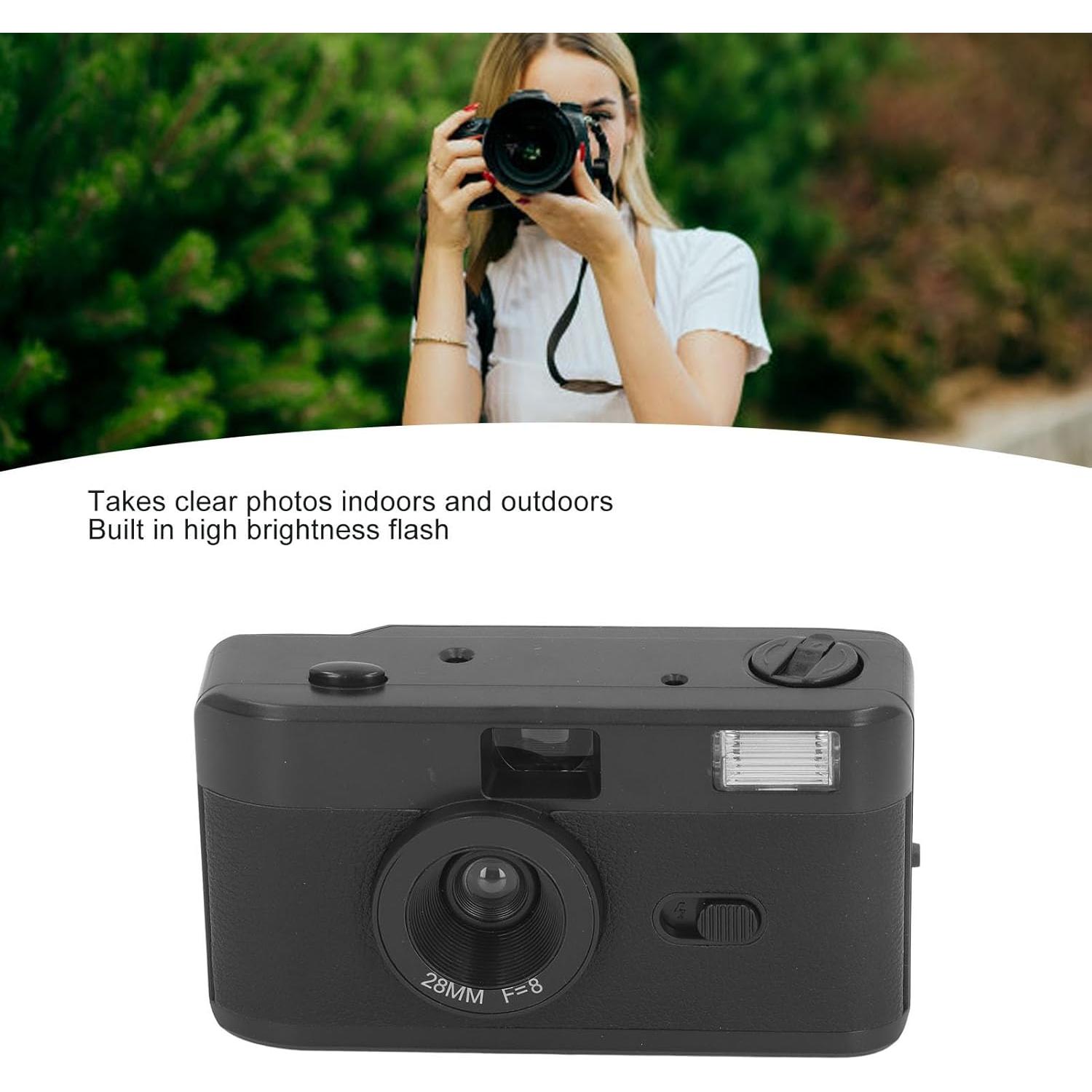Disposable Film Camera 35 mm, Reusable Lightweight Retro Film Camera with Built in Flash, 28MM F/8 Lens, Full Manual Setting (Black)