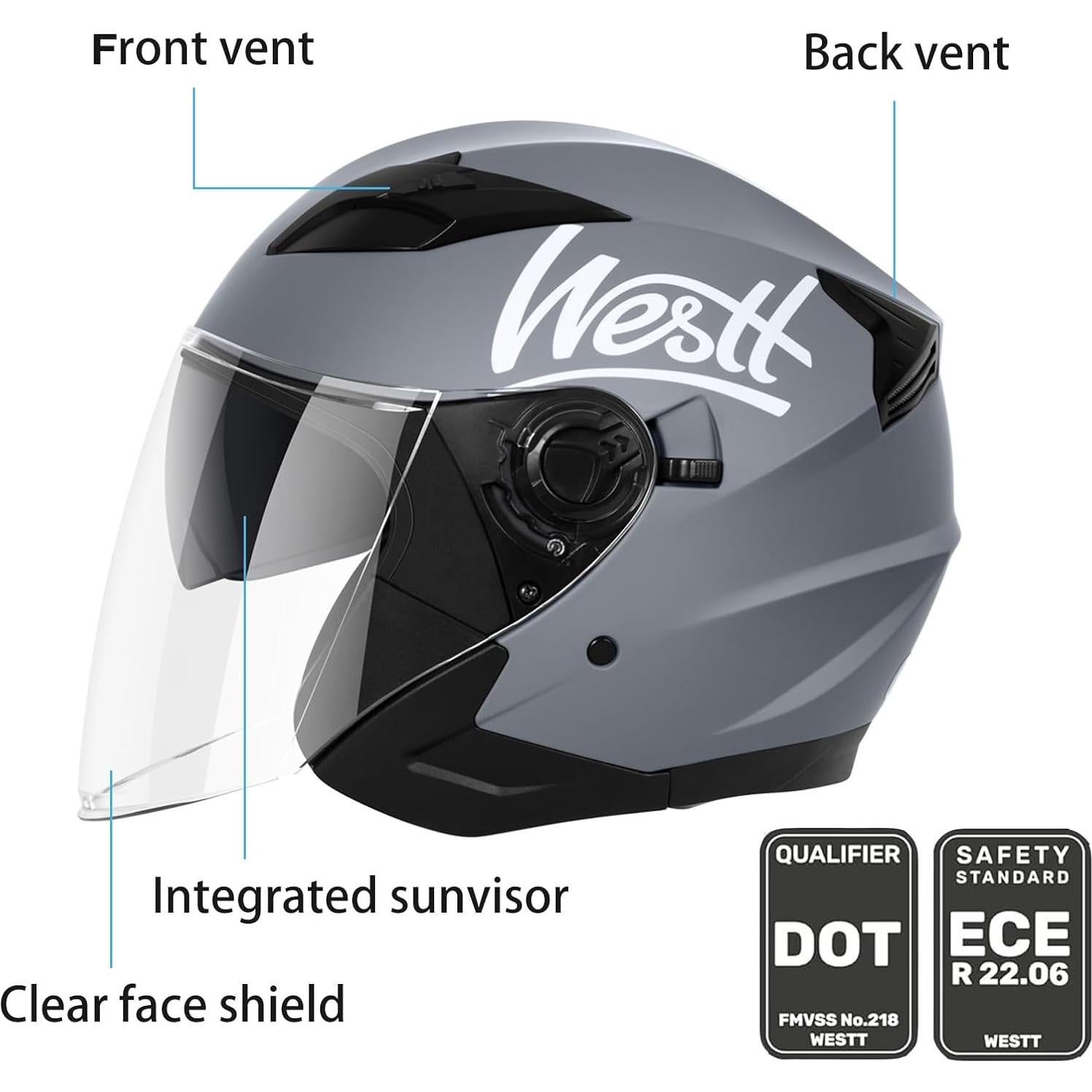 Casco Abierto Westt Jet 3/4 con Doble Visera Solar - Negro