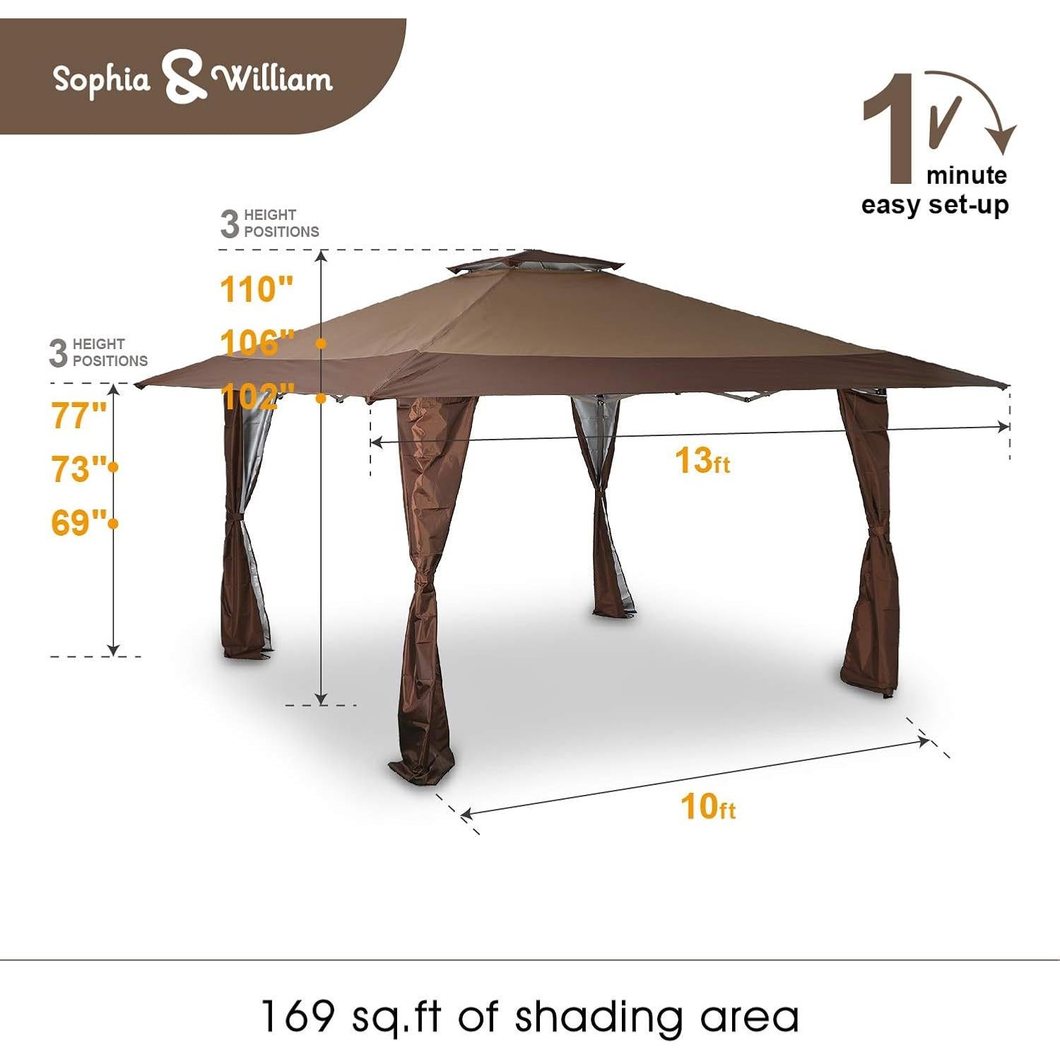 Carpa Gazebo Portátil 3.96m x 3.96m Sophia & William Marrón