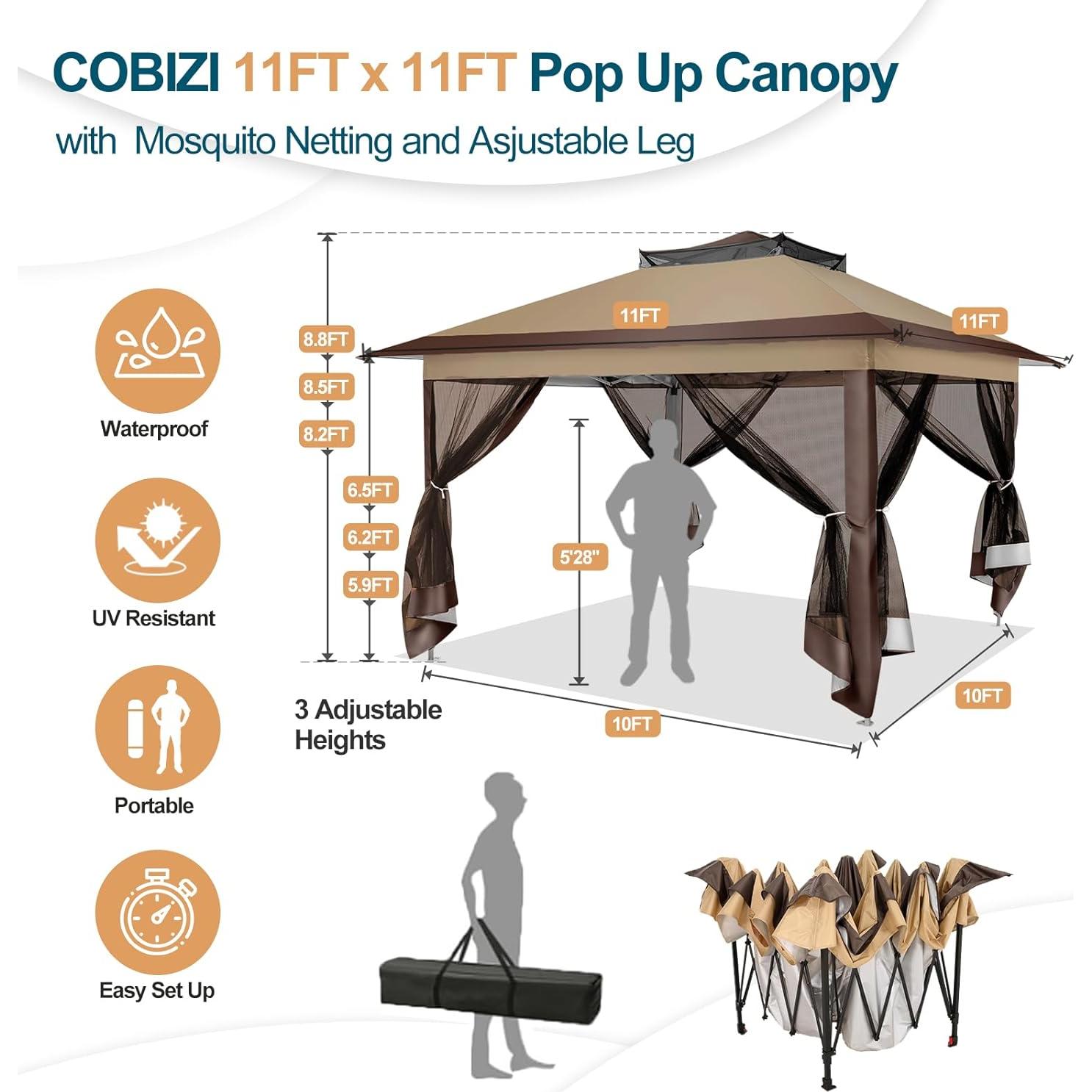 Gazebo Plegable COBIZI 11x11m Impermeable con Mosquiteras