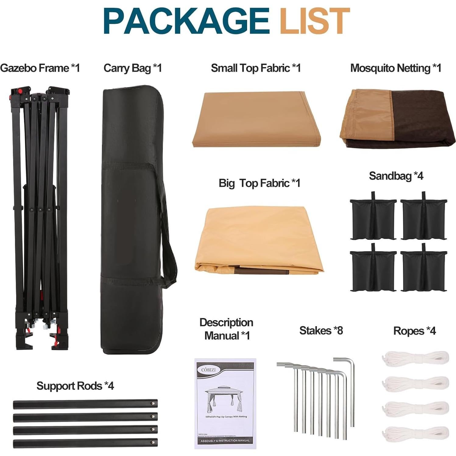 Gazebo Plegable COBIZI 11x11m Impermeable con Mosquiteras