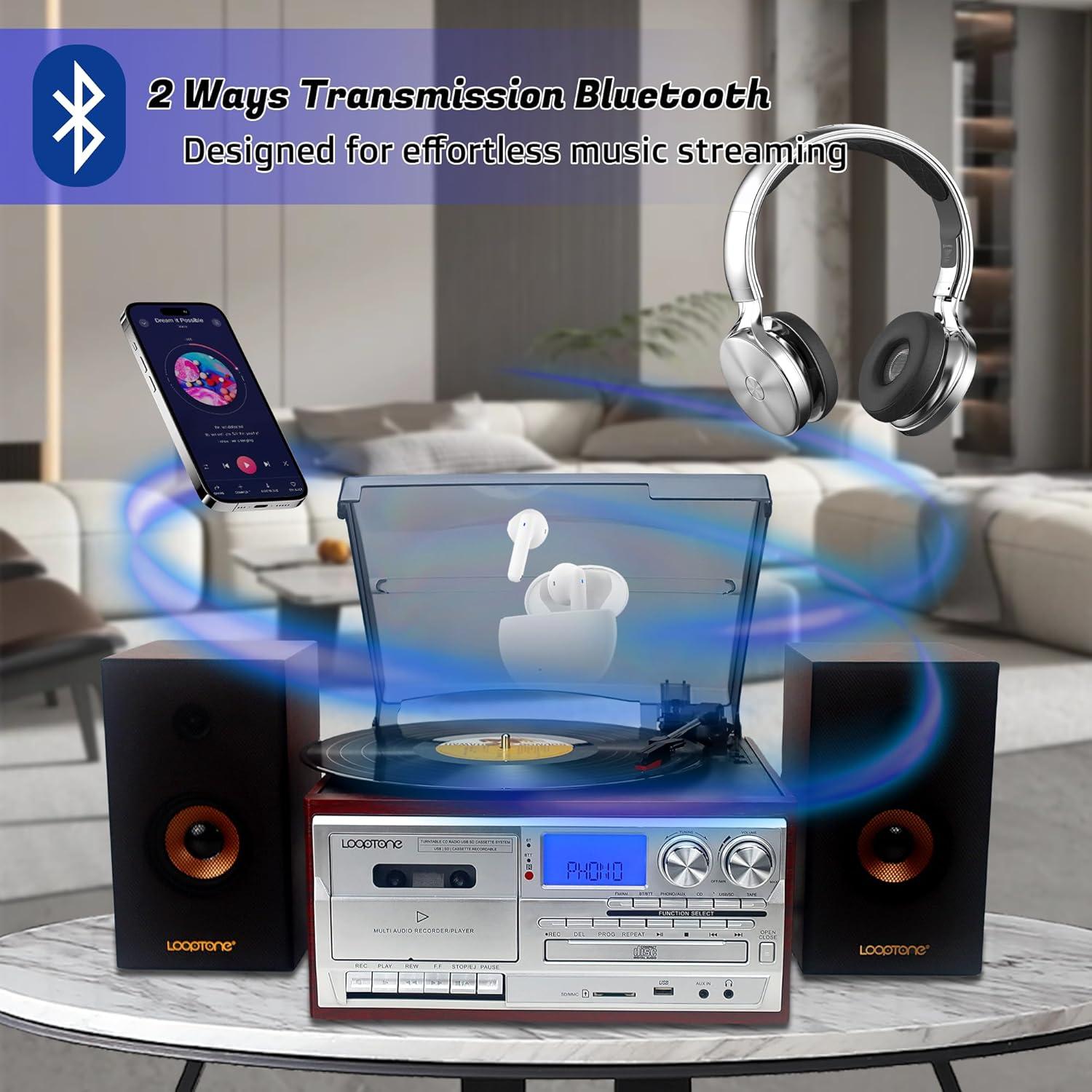 Reproductor de Vinilo LoopTone TR-18CDSP Plata 10 en 1 Bluetooth