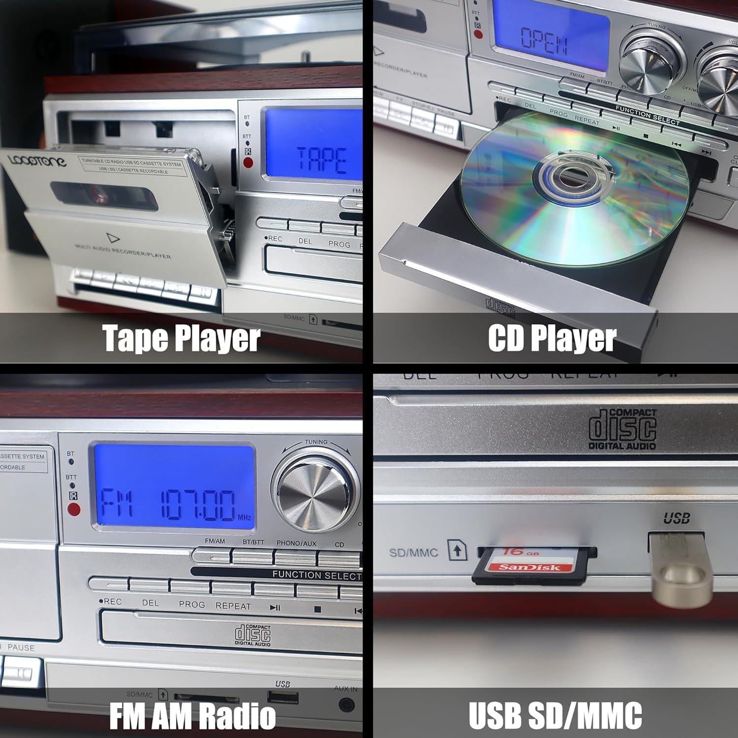 Reproductor de Vinilo LoopTone TR-18CDSP Plata 10 en 1 Bluetooth