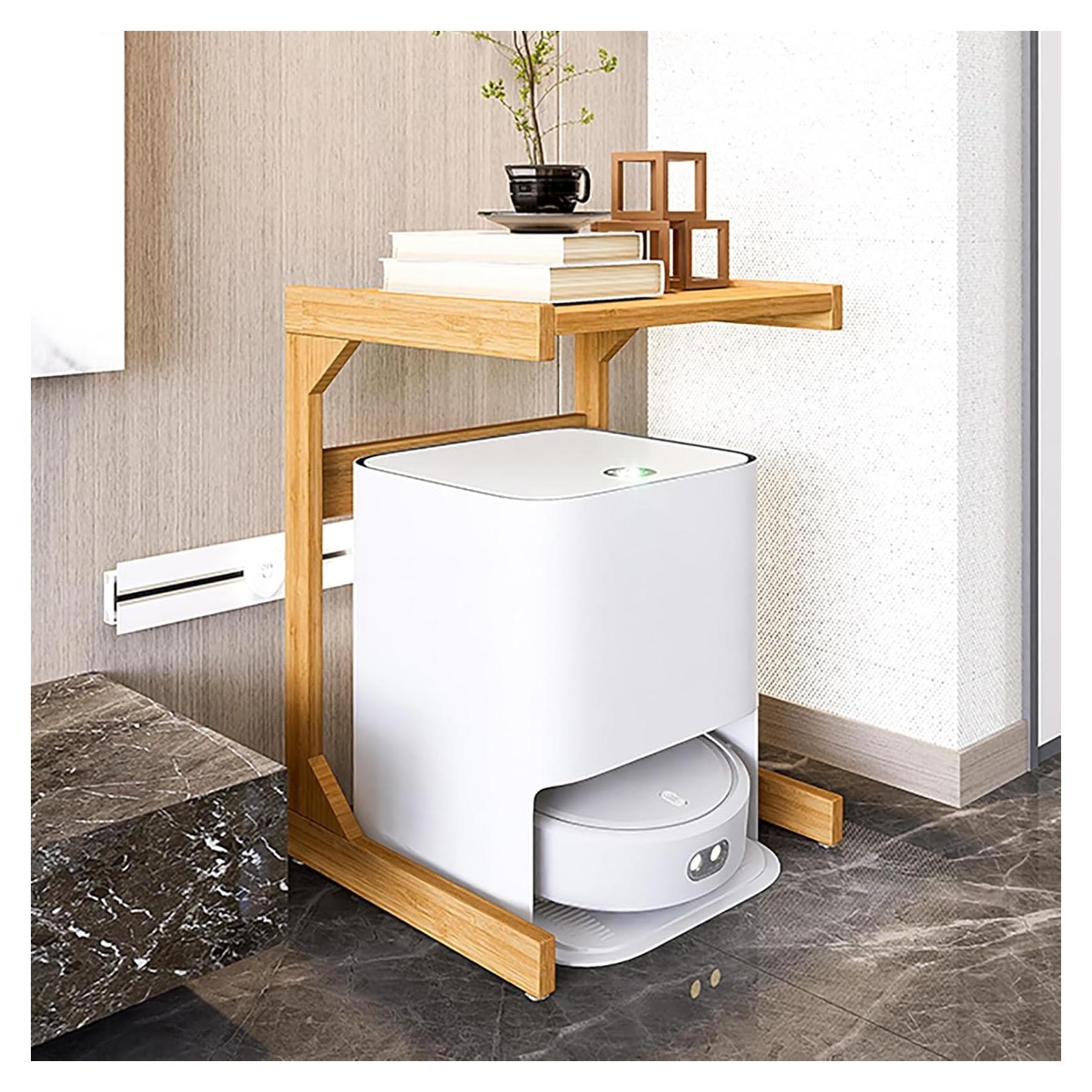 Robot Vacuum Stand Cabinet,Storage Rack Above The Sweeping Robot,Mobile Sweeper Robot Storage Cabinet Shelf with Wheels,Household End Side Table, for Living Room, Home Office(Brown,45cm/17.7in)