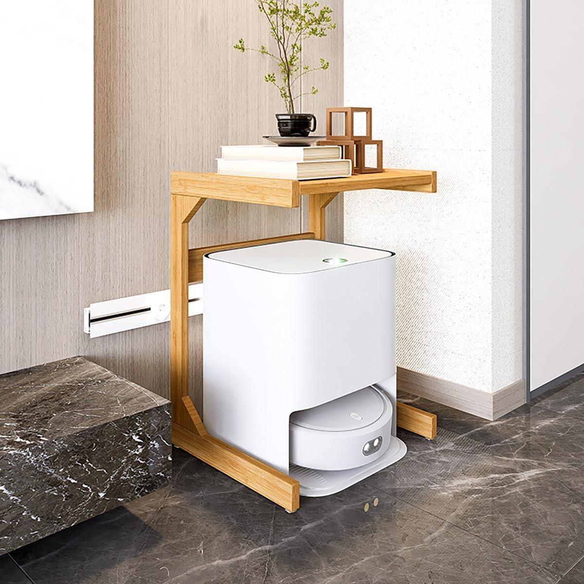 Robot Vacuum Stand Cabinet,Storage Rack Above The Sweeping Robot,Mobile Sweeper Robot Storage Cabinet Shelf with Wheels,Household End Side Table, for Living Room, Home Office(Brown,45cm/17.7in)