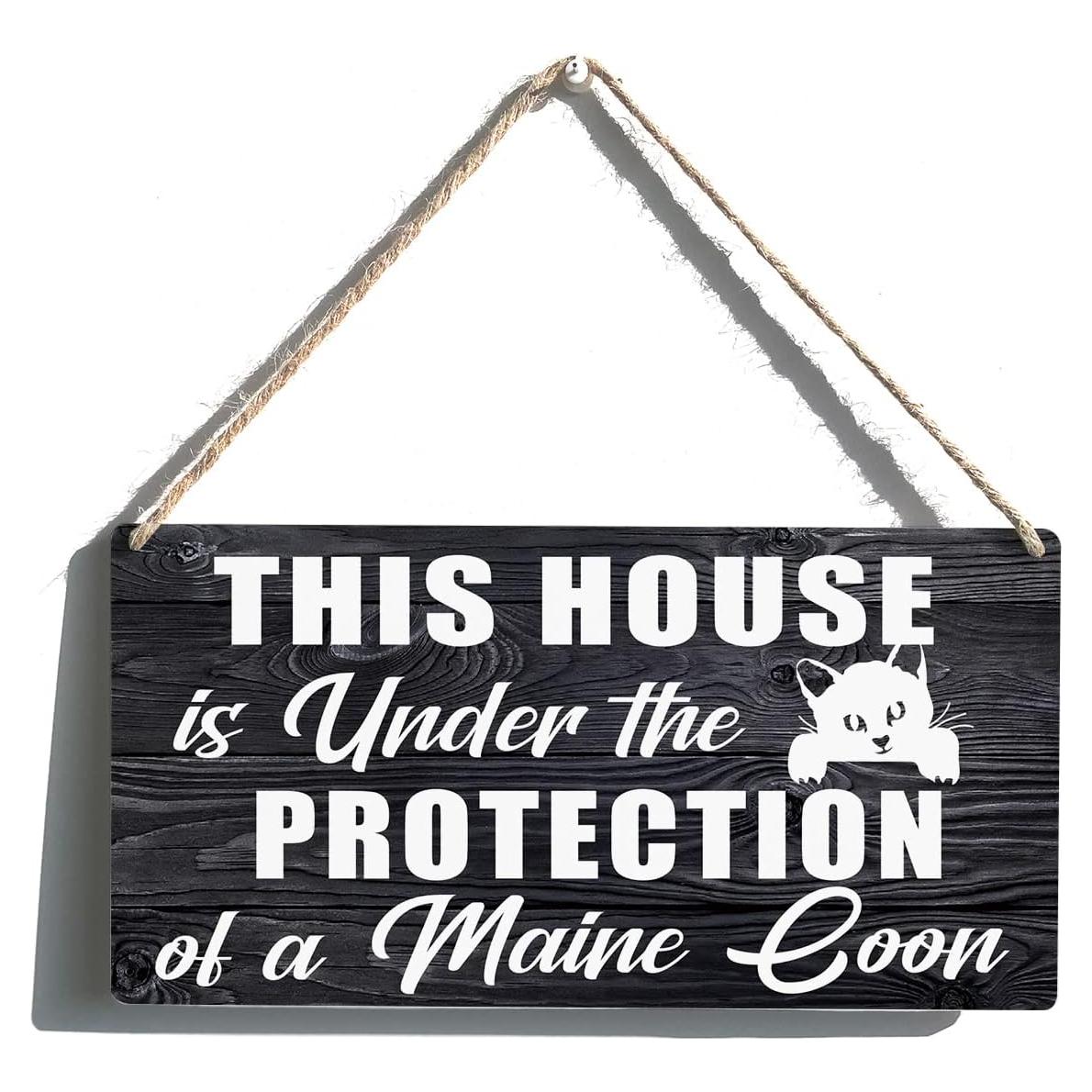 Cartel de Madera Qious Casa Protegida por Gato Maine Coon 15x30 cm