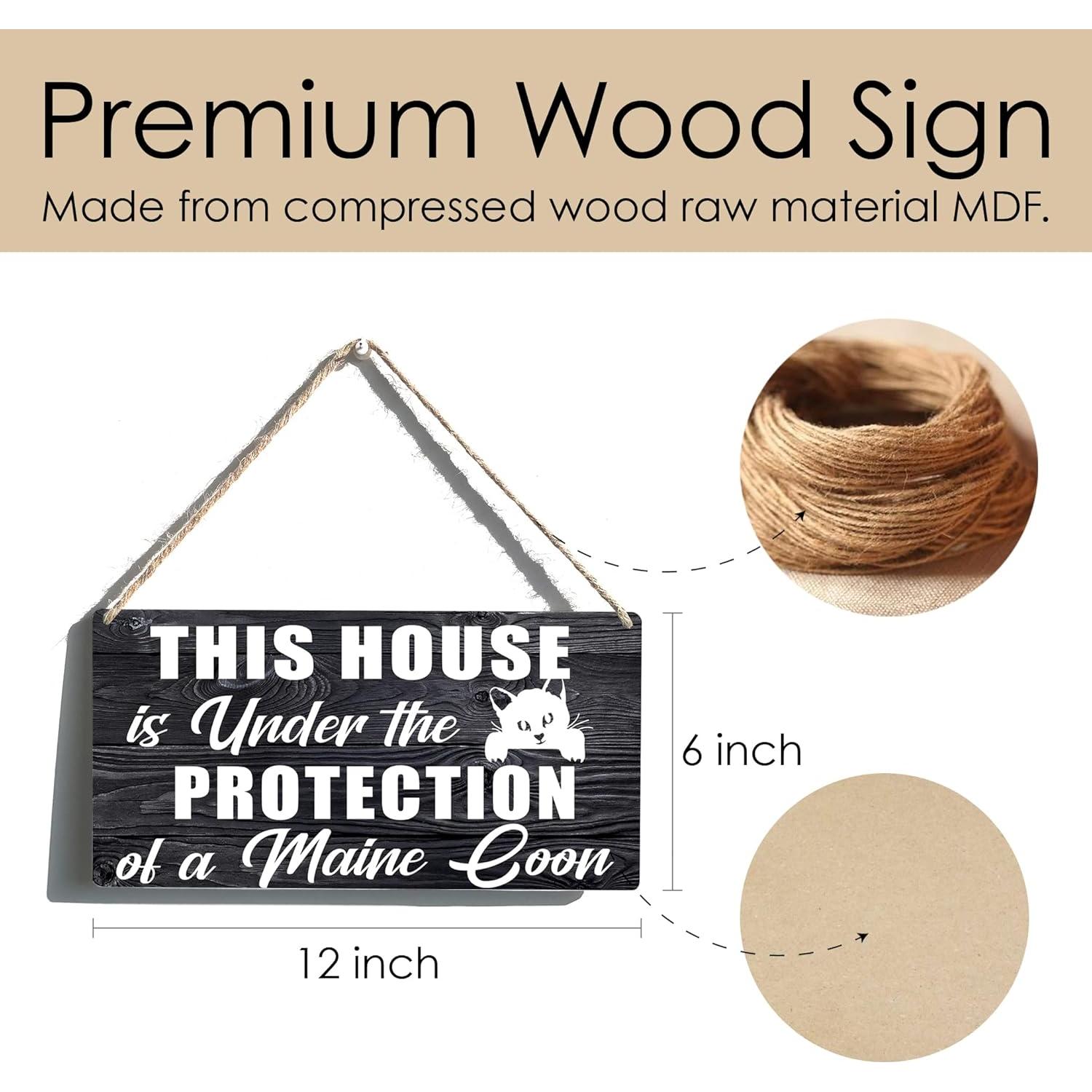 Cartel de Madera Qious Casa Protegida por Gato Maine Coon 15x30 cm