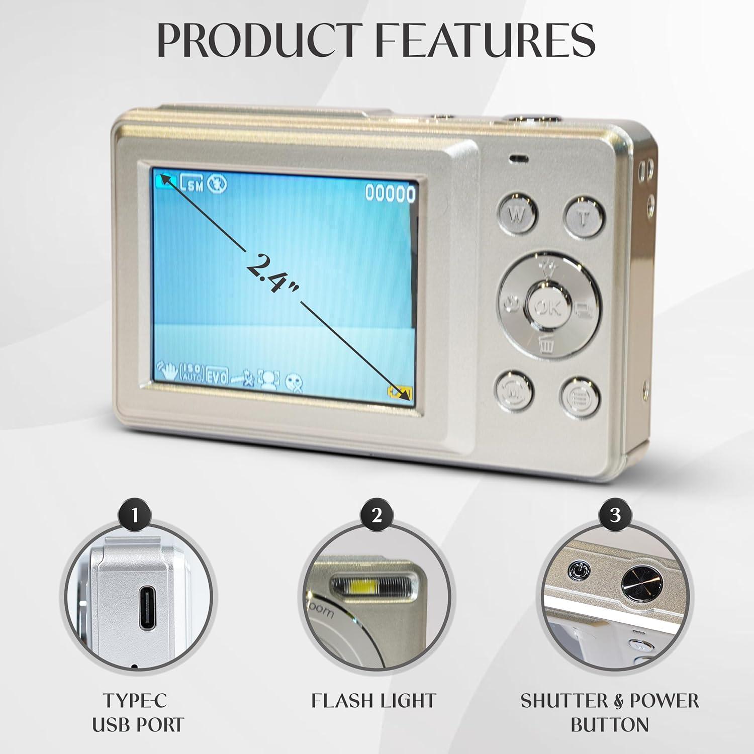 Yashica DigiPix 100 Digital Camera - FHD 1080P Point and Shoot with 16X Zoom, Supports Micro SD Cards - Silver